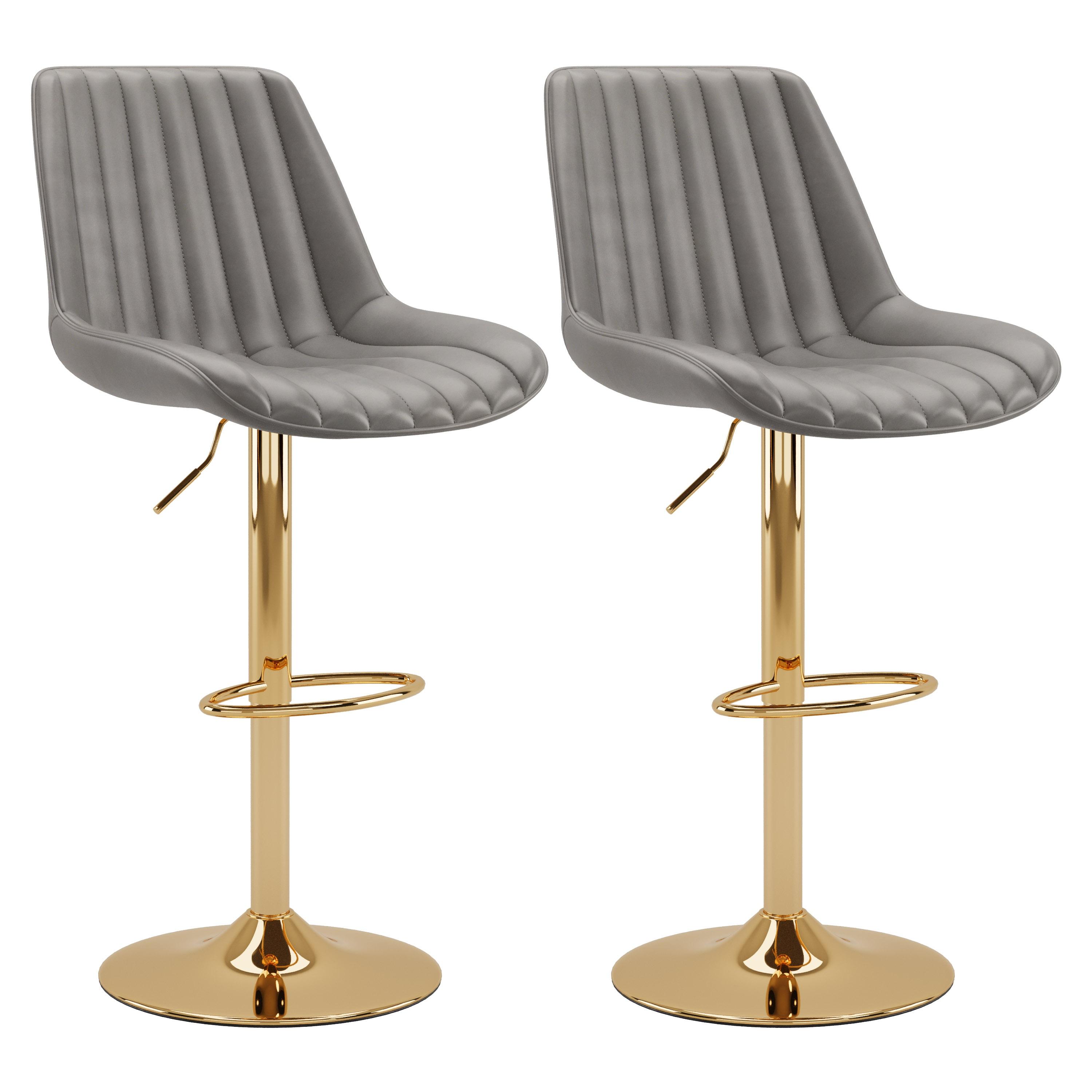 Set of 2 Arwen Adjustable Swivel Barstools with Gold Base Gray - CorLiving: Upholstered High Back, Metal Footrest