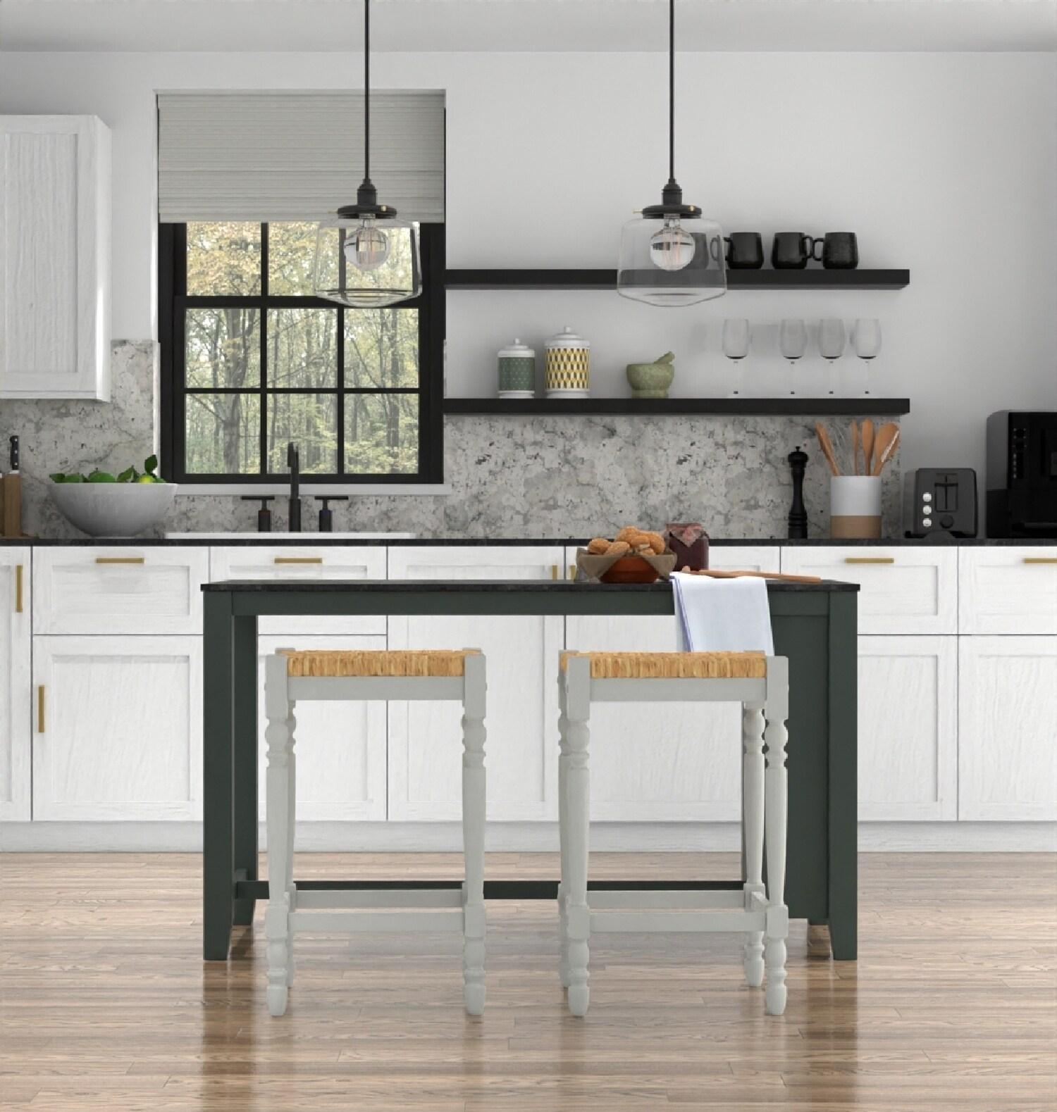 Carolina Cottage Hawthorne 24" Counter Stool with Woven Rush Seat - Vintage Hardwood Legs, Hand Finish Backless Stool (Antique White)