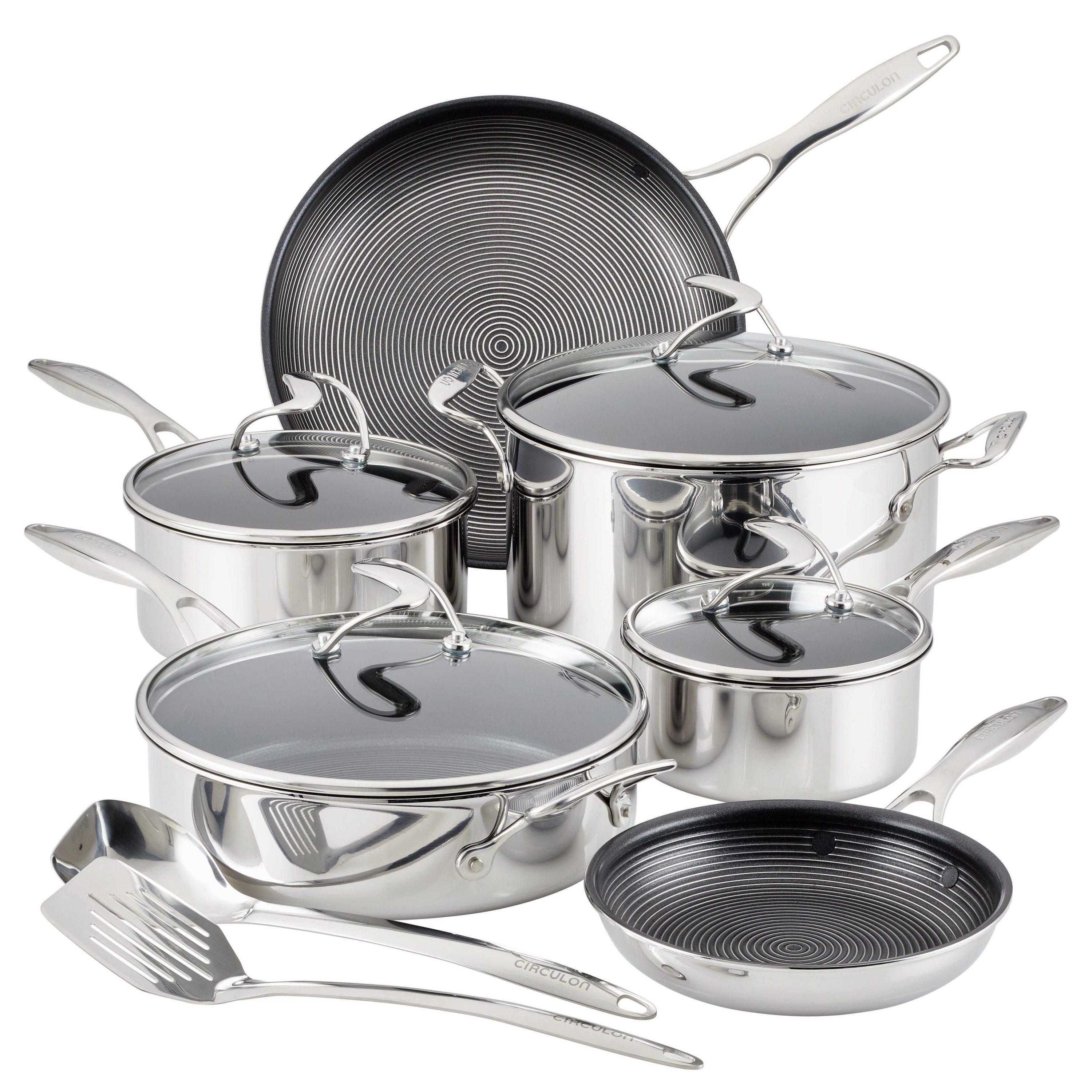 Circulon Clad Stainless Steel Cookware and Utensil Set with Hybrid SteelShield Nonstick, 12-Piece