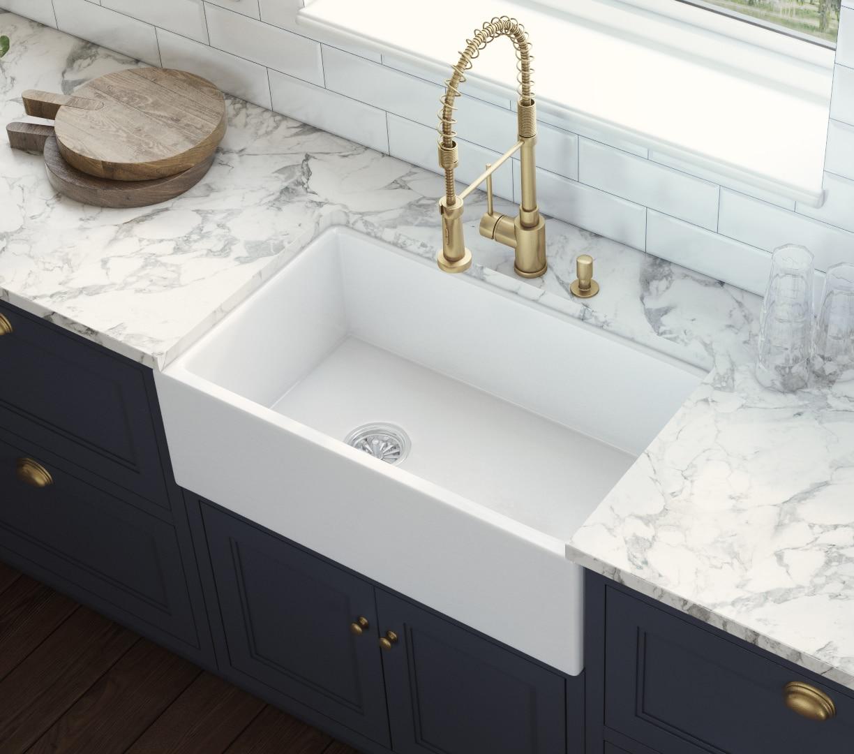 Ruvati 30-inch Fireclay Farmhouse Offset Drain Kitchen Sink Single Bowl White - Left Drain