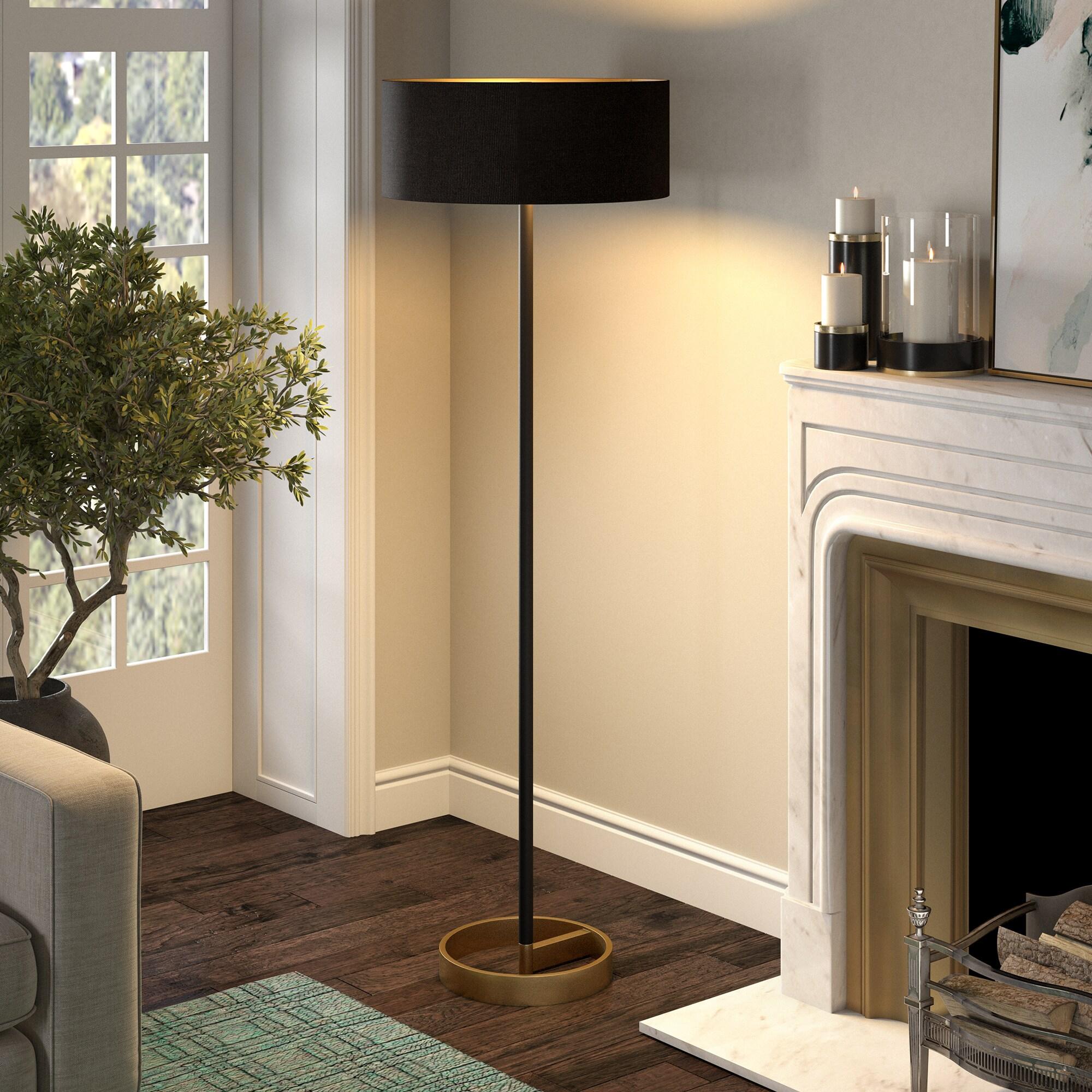 Henn&Hart 20" Matte Black/Brass Metal/Fabric Floor Lamp