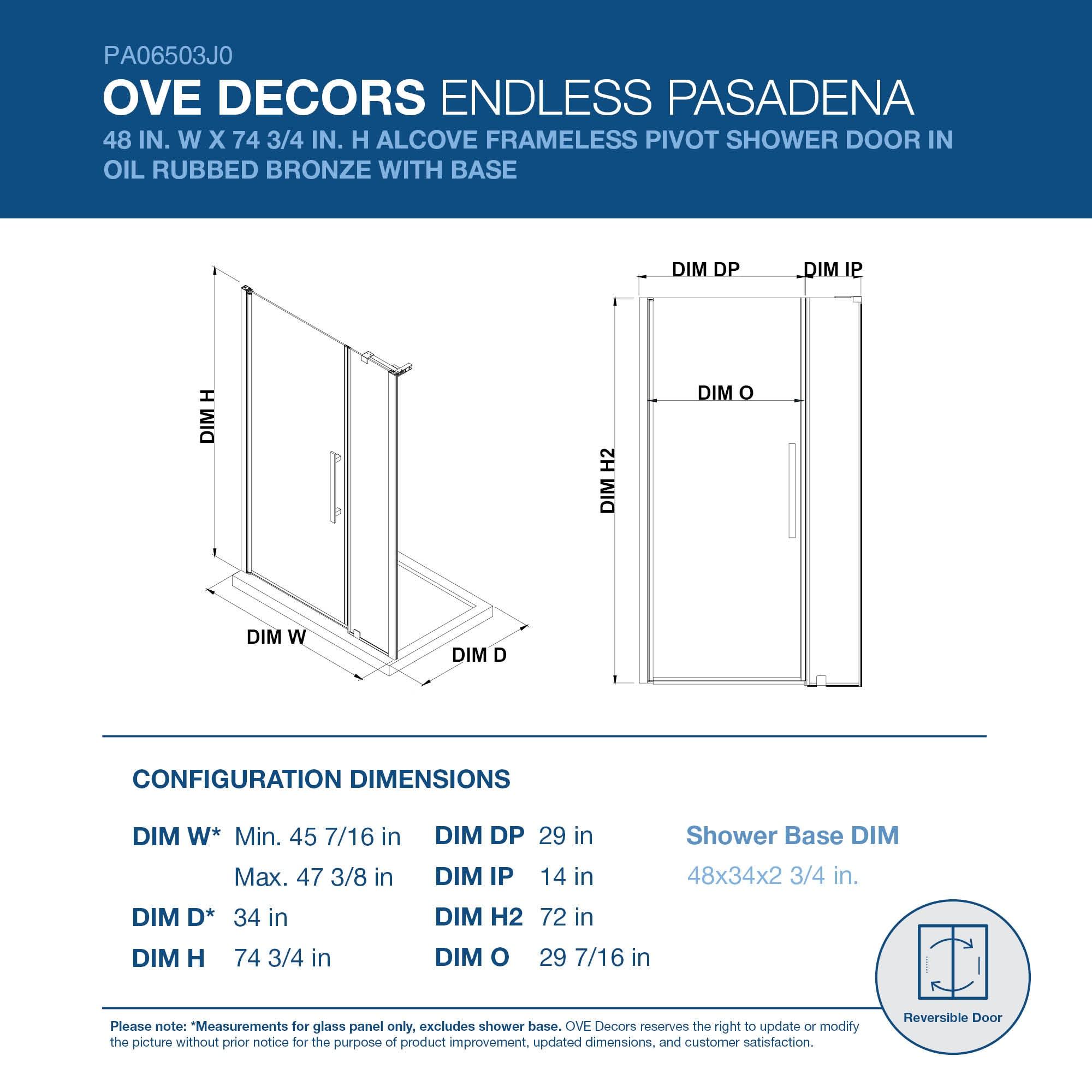 Endless Pasadena 47" W x 72" H Alcove Frameless Shower Kit, Door, Panel, Base