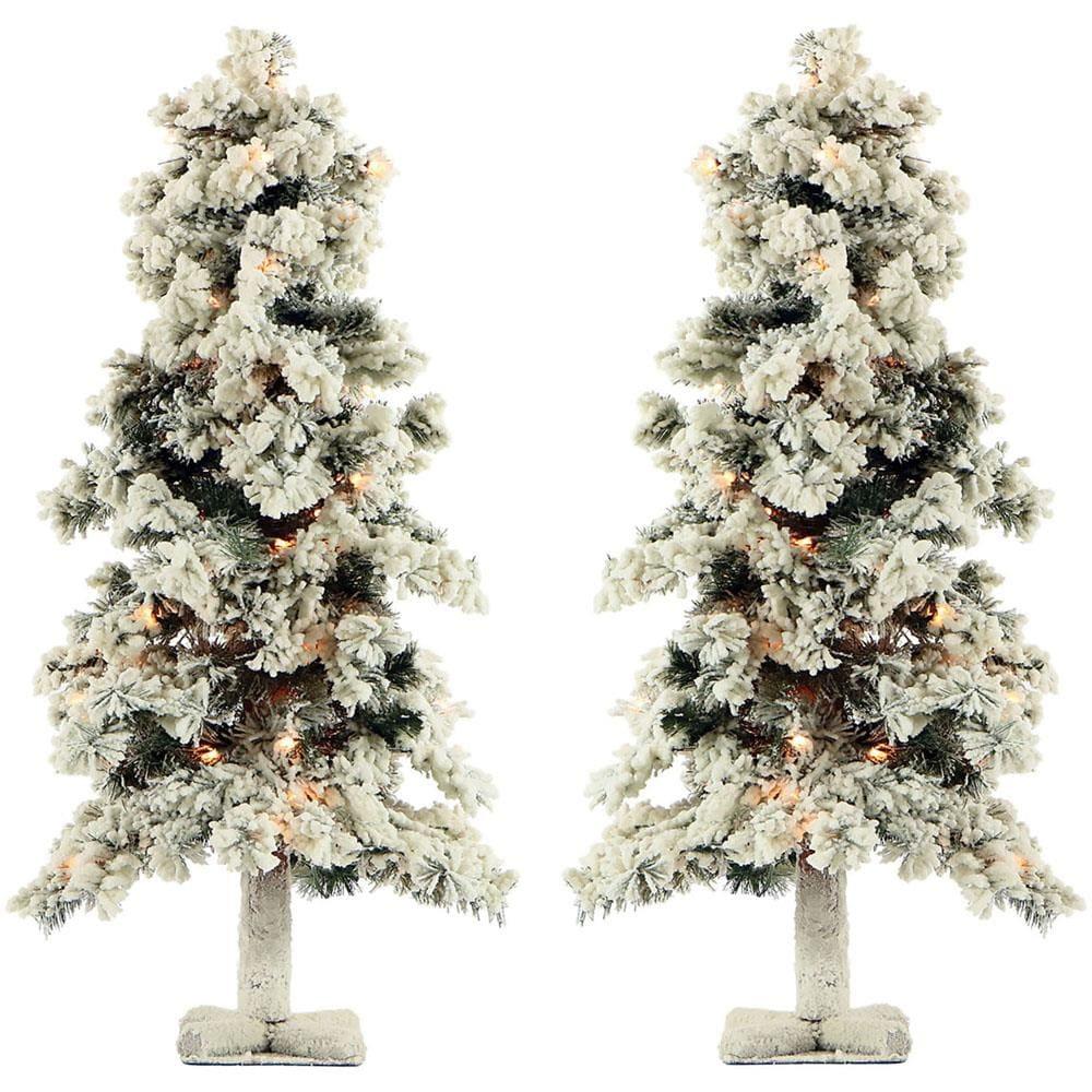 Fraser Hill Farm Set of Two 2-Ft. Snowy Alpine Artificial Trees with Clear Lights