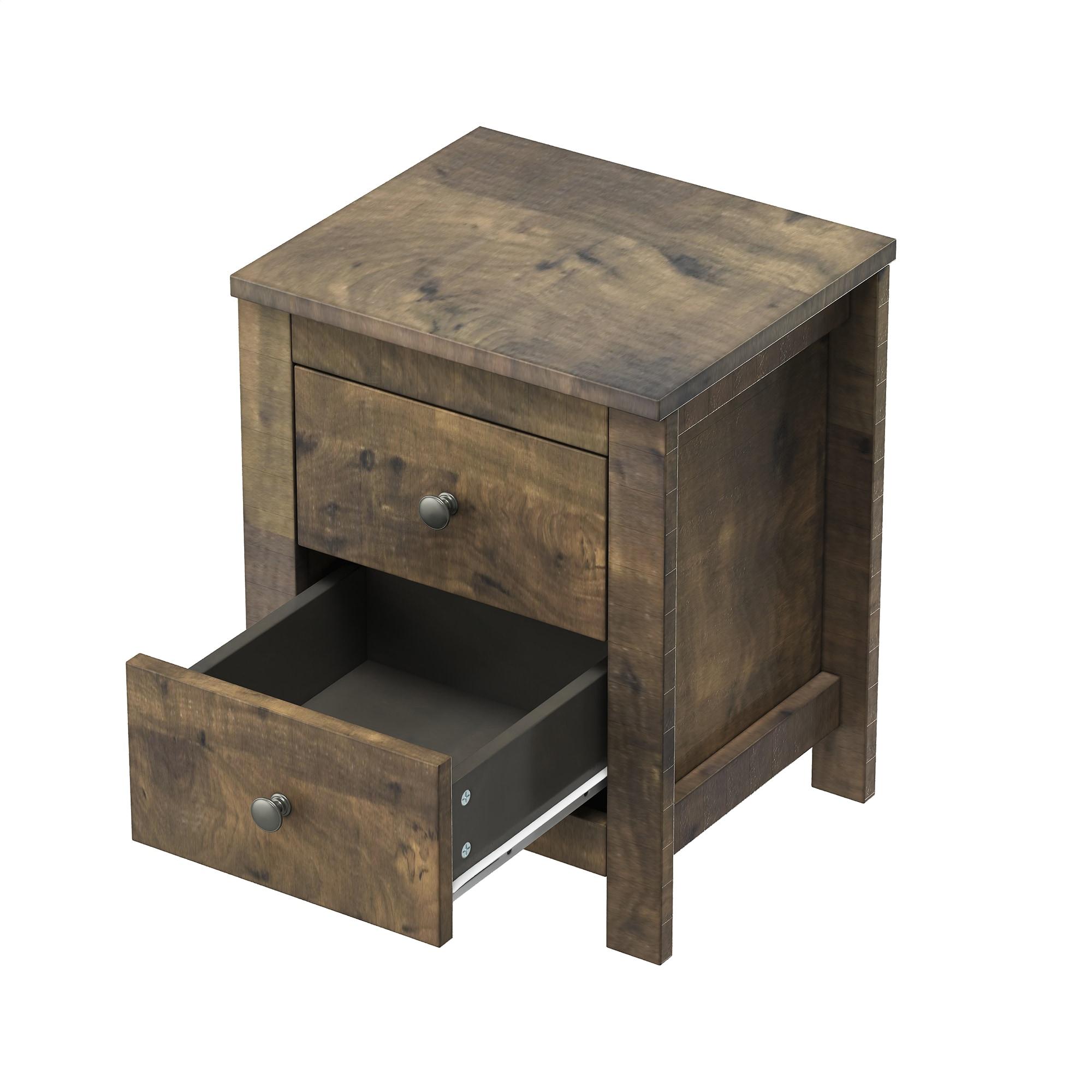 Rustic Walnut Wood Nightstand Set with Two Drawers