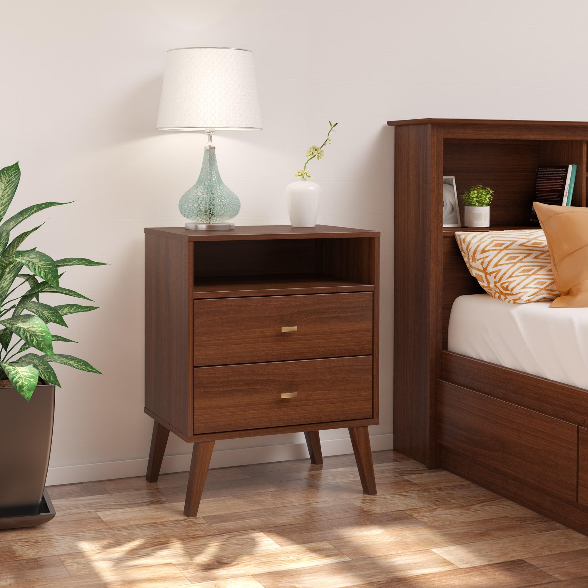 Prepac Milo Mid-Century Modern 2 Drawers Tall Nightstand with Shelf Cherry: Laminated, MDF, Metal Hardware