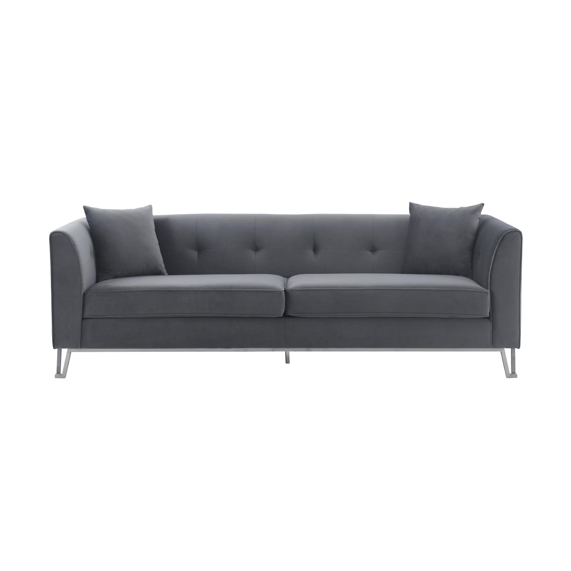 Elegant 90" Gray Leather Tufted Sofa with Wooden Accents