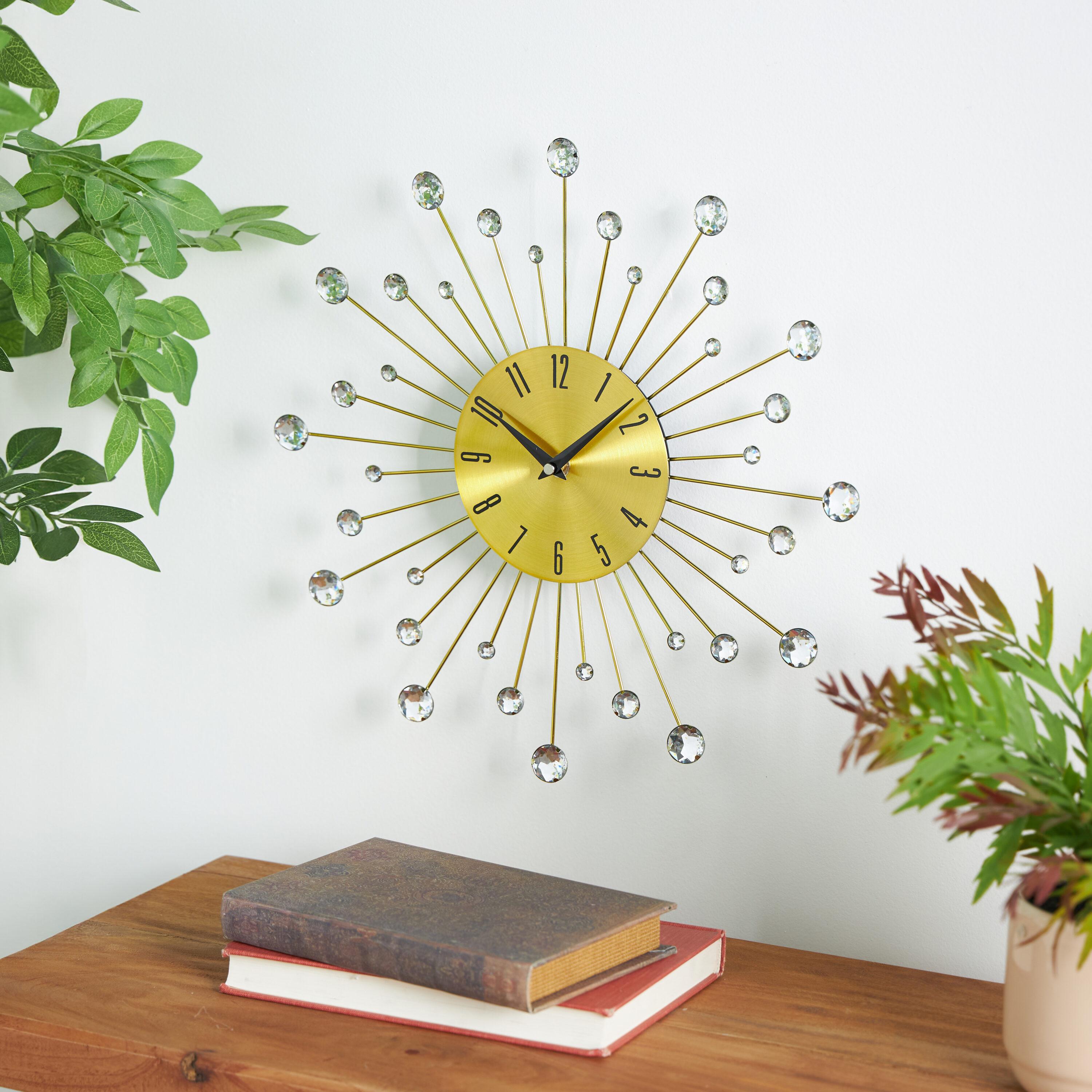 DecMode Gold Metal Glam Wall Clock, 15”L x 0.5”W x 15”H, Features Starburst Design
