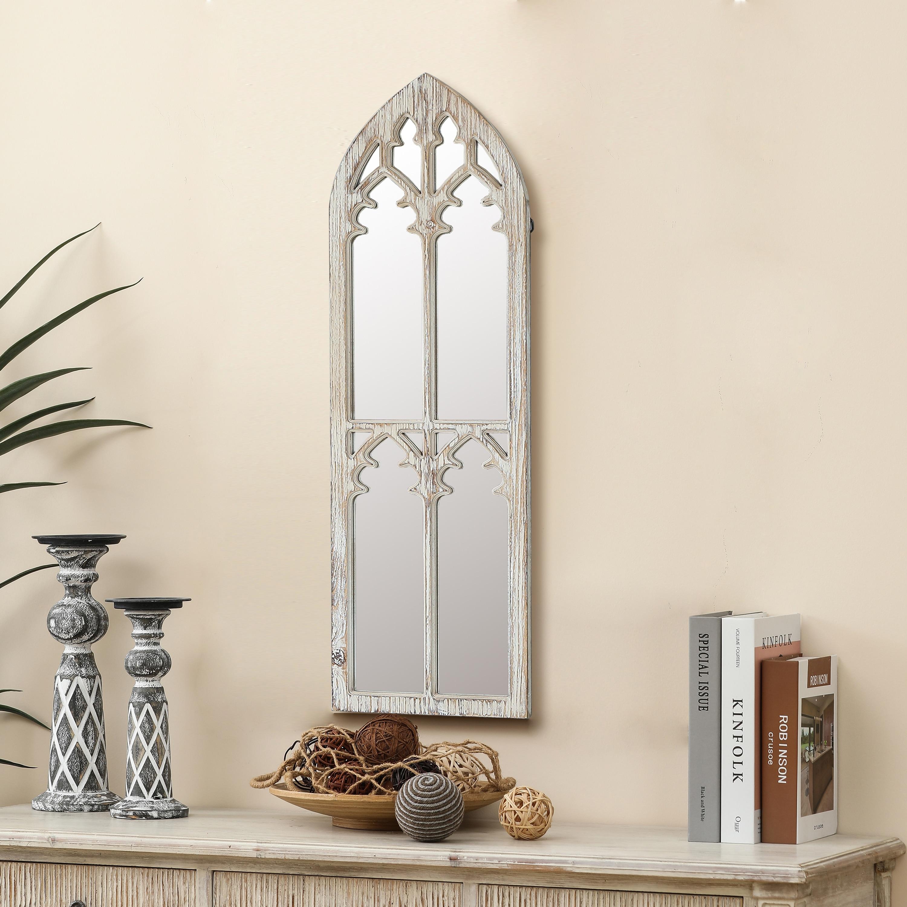LuxenHome Distressed White Wood Cathedral Framed Wall Mirror