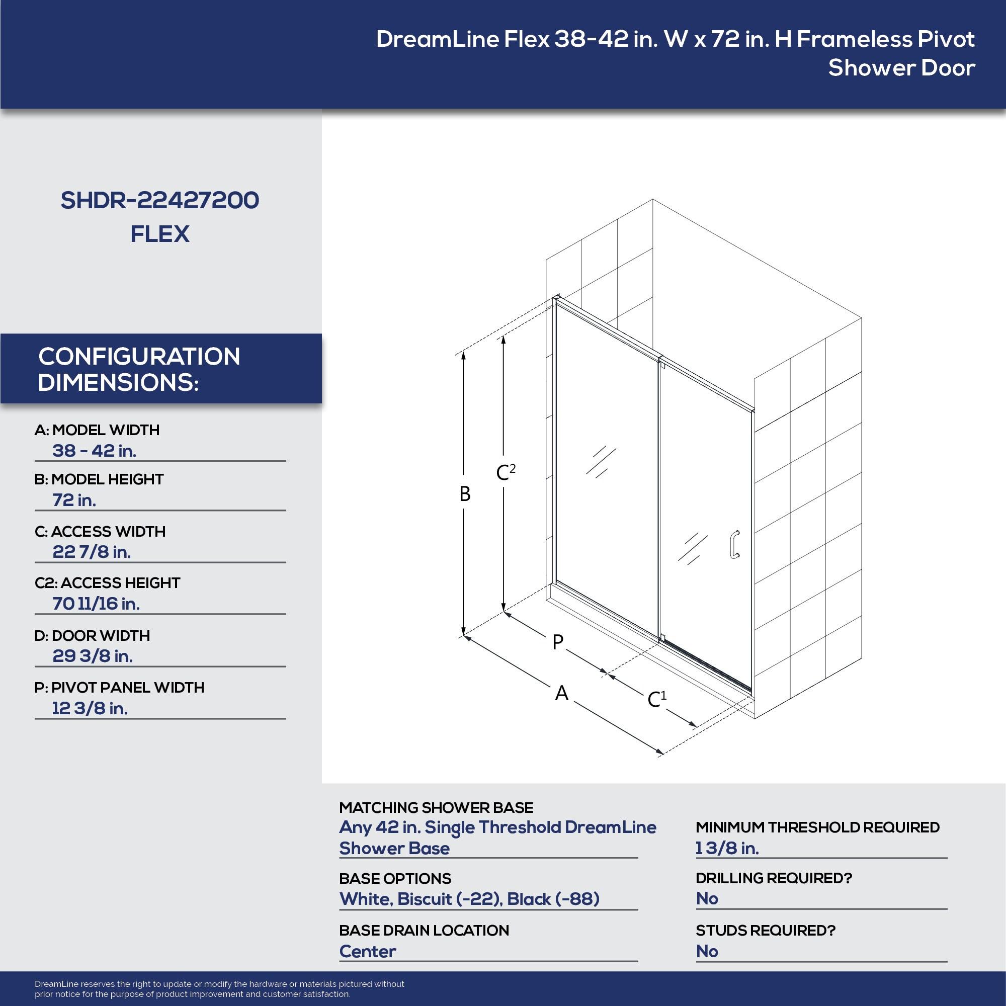 DreamLine SHDR-2242720-04 Flex 38" W x 72" H Pivot Semi-Frameless Shower Door