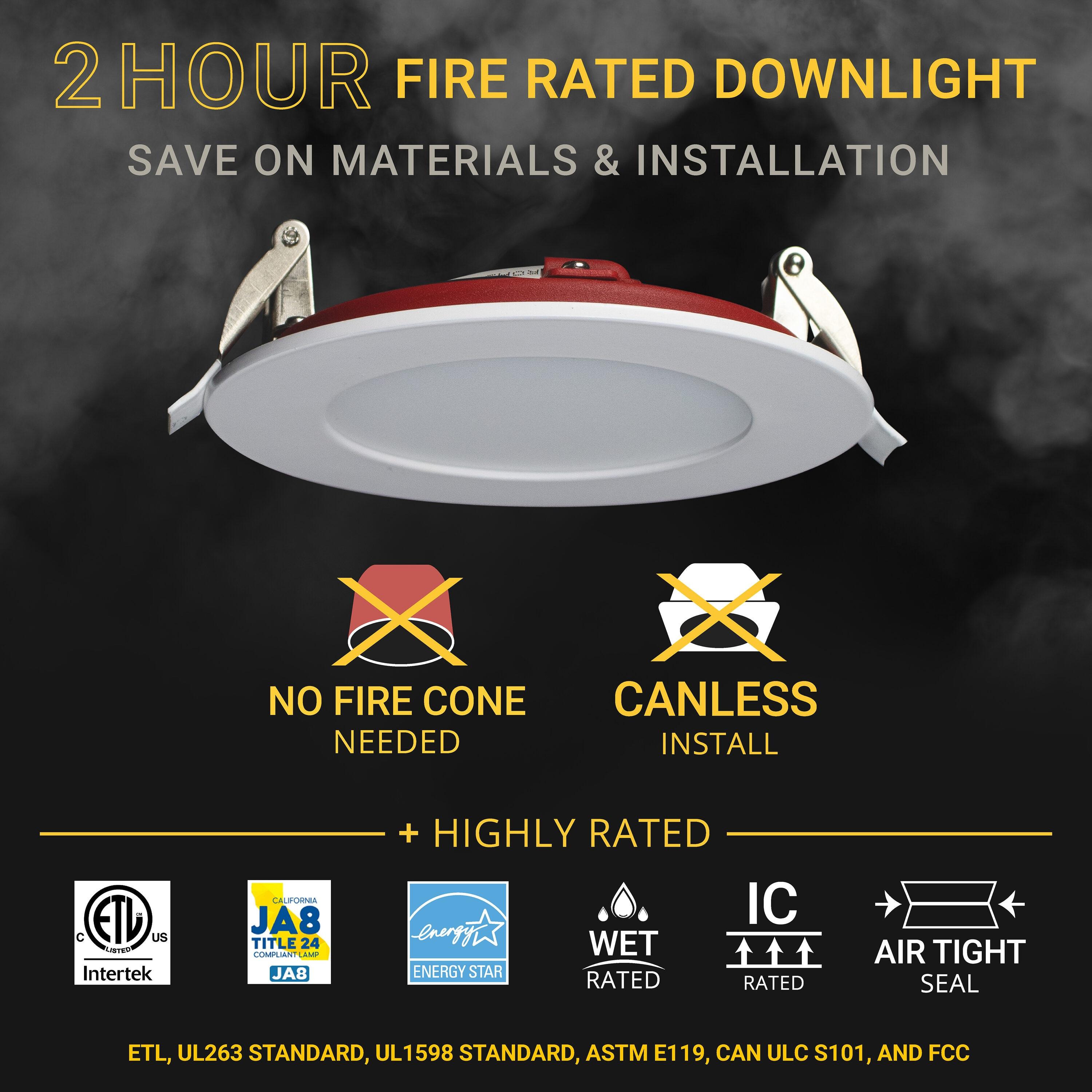 4 in. 2 HOUR Fire Rated Slim Canless LED Recessed Light 12W 5CCT 27K-50K Dimmable IC Rated 6PK