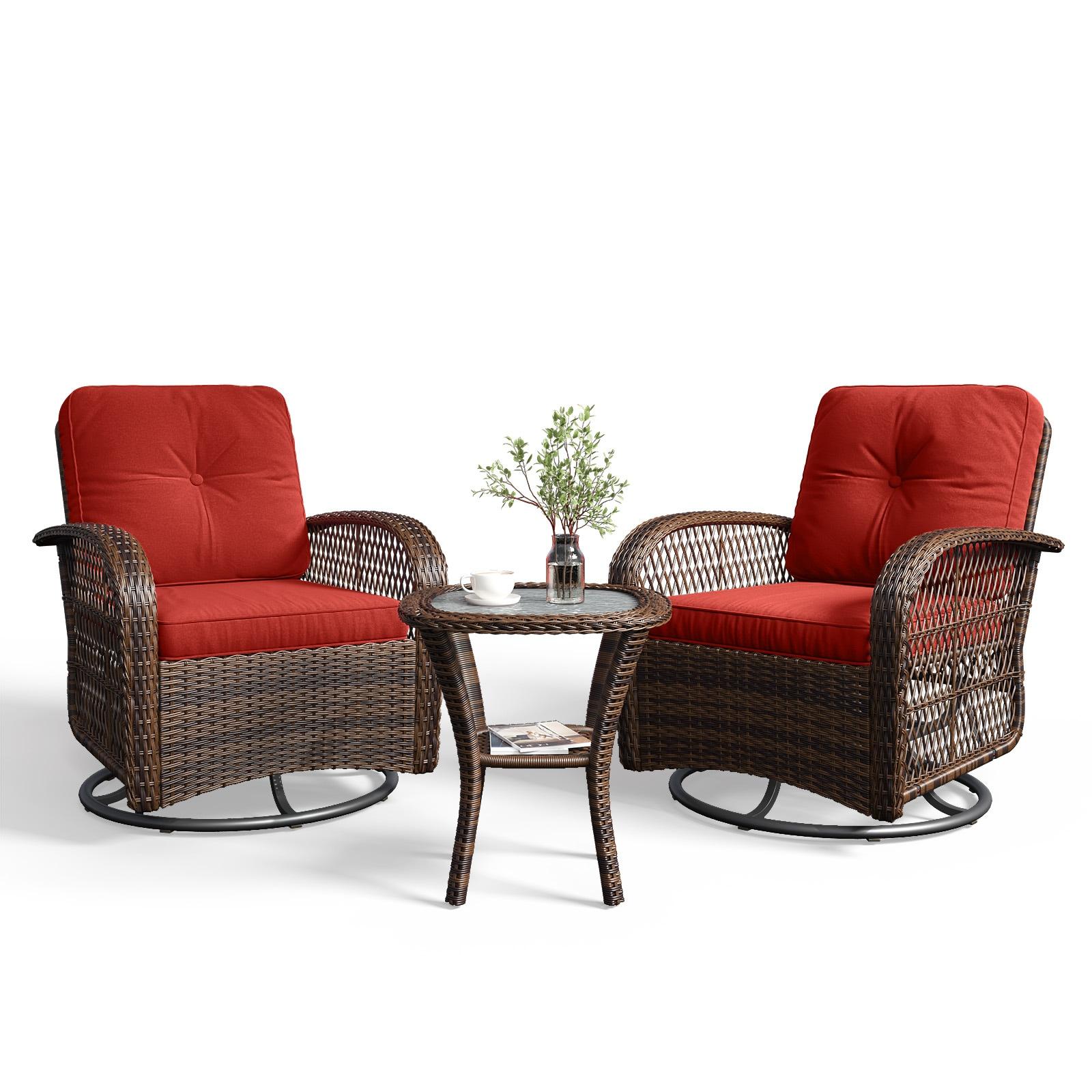 MRUAKA 3 Pieces Patio Furniture Set, Outdoor Swivel Gliders Rocker, Wicker Patio Bistro Set with Rattan Rocking Chair, Glass Top Side Table and Thickened Cushions for Porch Deck Backyard(Red)