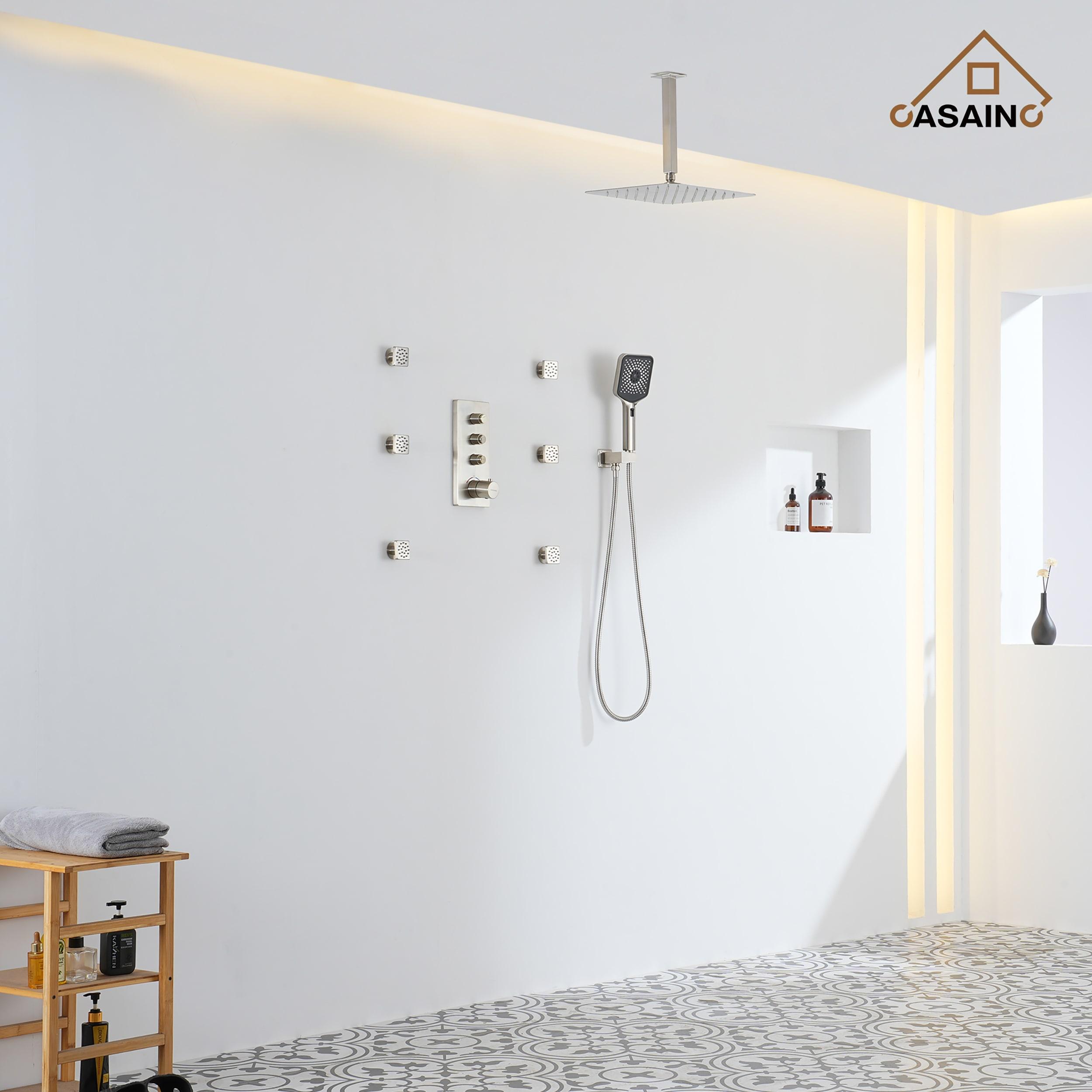 CASAINC 12'' Ceiling Mounted Square Shower System with Handheld Sprayer & 6 Body Jets, Brushed Nickel