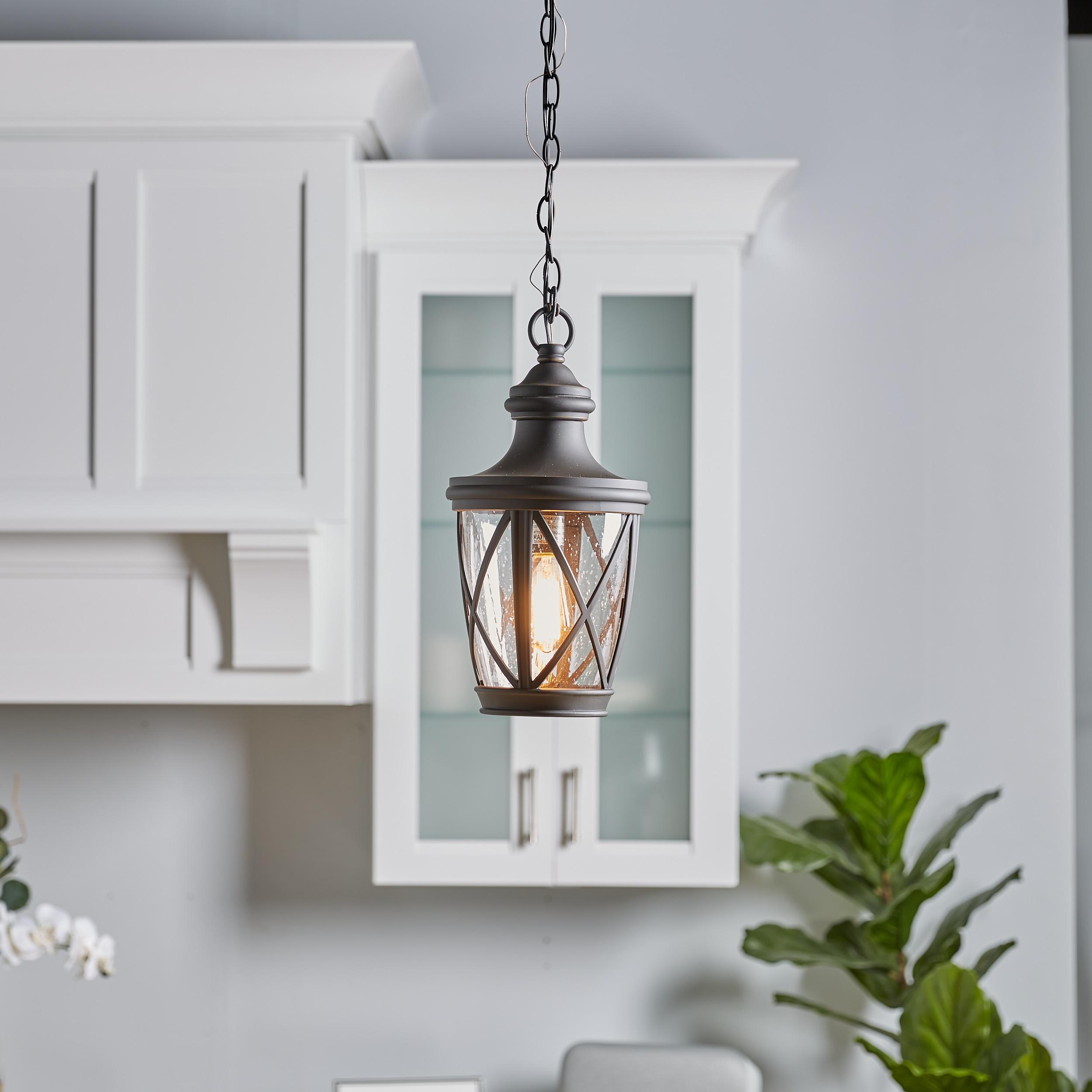 allen + roth Castine Bronze Craftsman Seeded Glass Lantern Led Medium Outdoor Hanging Pendant Light