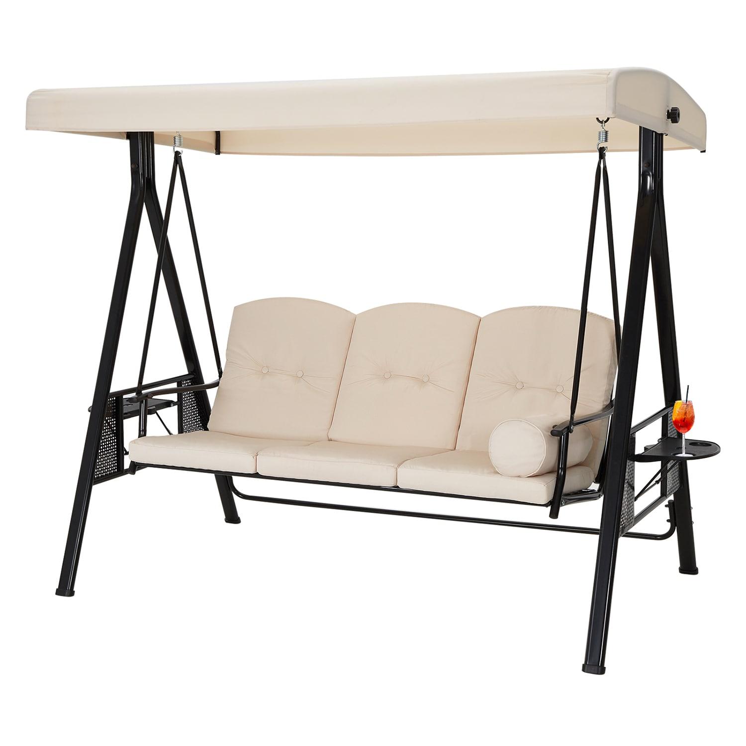 Outsunny 3-Seat Outdoor Patio Swing with Adjustable Tilt Canopy, Cushions, Pillow, Steel Frame, Side Tray, Cup Holder, Beige