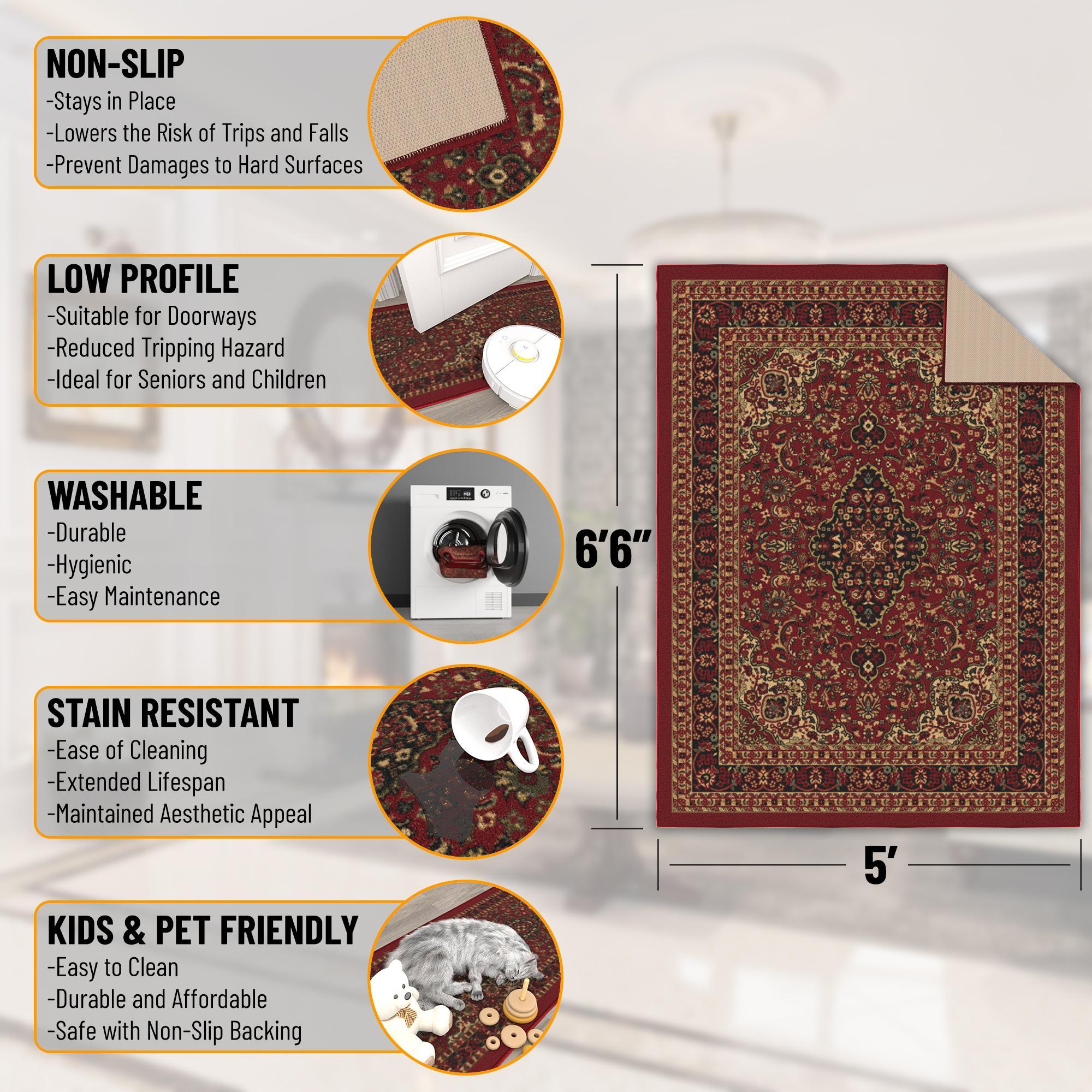 Ottomanson Non-Slip Rubberback Medallion Oriental 5x7 Indoor Area Rug, 5' x 6'6", Red