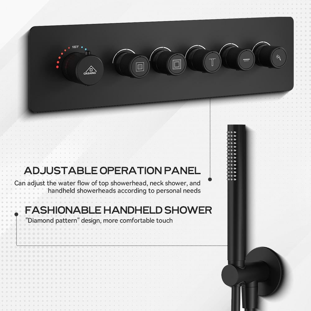 24" L x 24" W Luxury 5-Function Flush Mounted Thermostatic Shower System With Neck Massage Spout