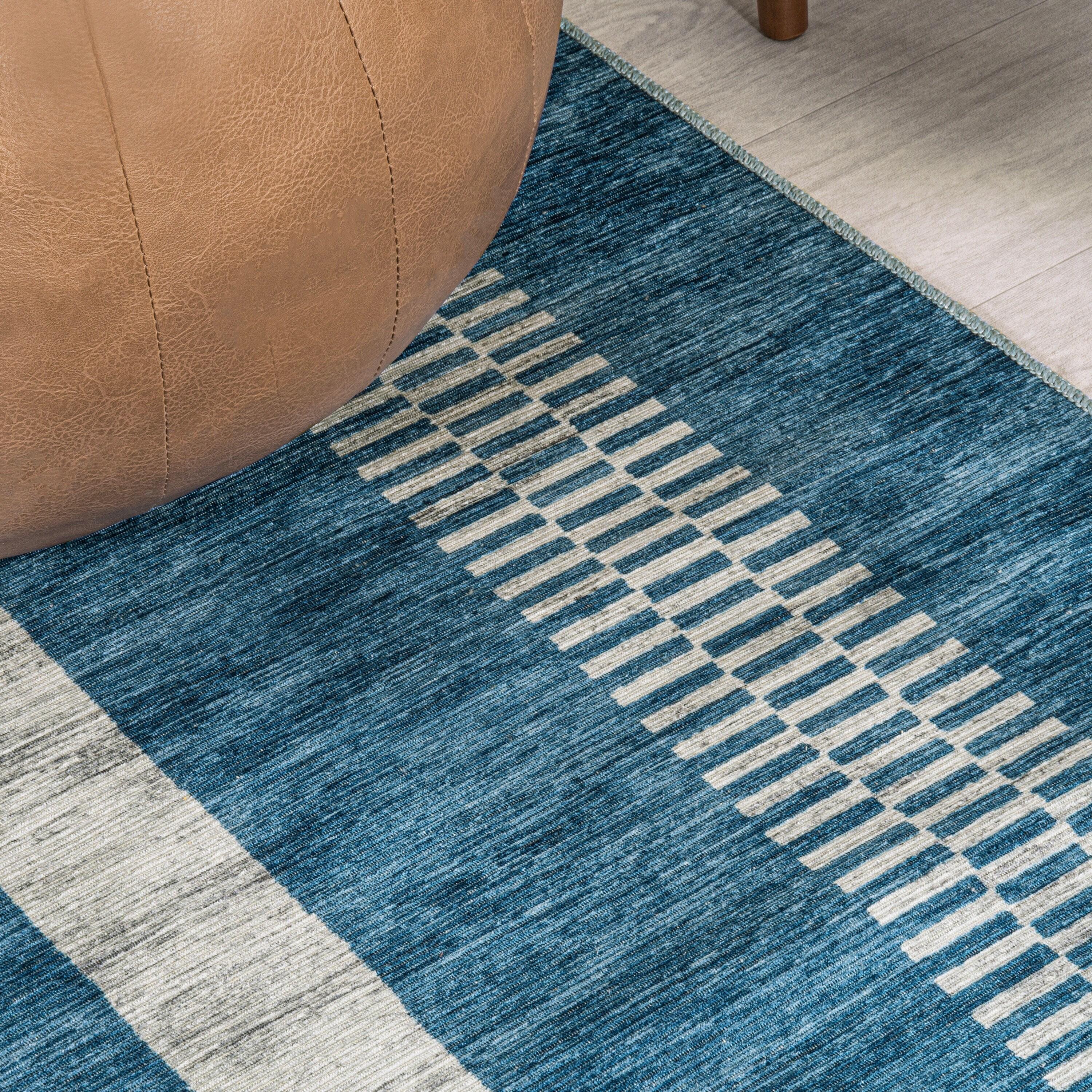 JONATHAN Y Vichy Geometric Striped Machine-Washable Blue/Cream 3 ft. x 5 ft. Area Rug