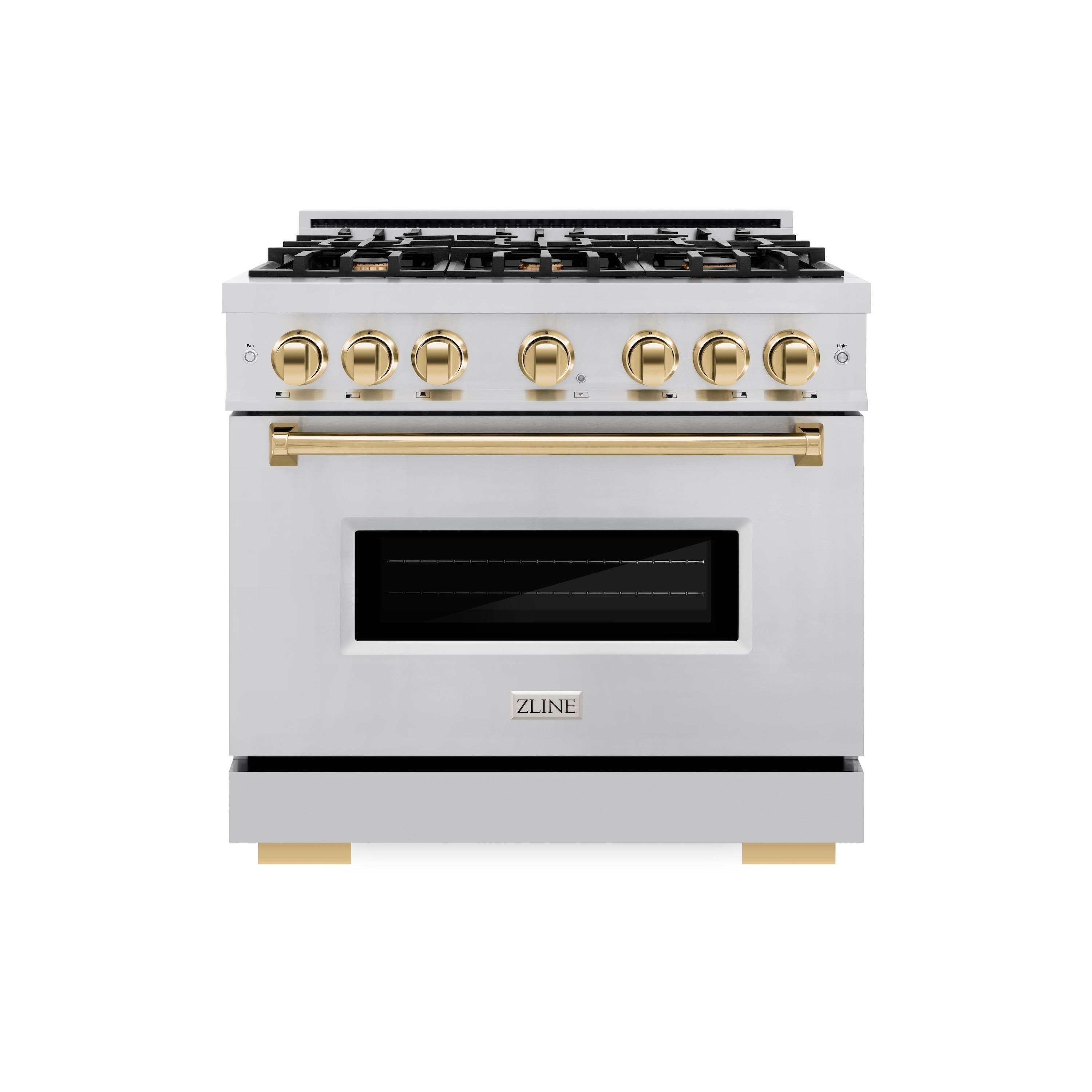 ZLINE CGRZ-36-G ZLINE Autograph Edition 36 in. 5.2 cu. ft. Classic Gas Range W/ 6 Burner Cooktop & Convection Gas Oven in Stainless Steel & Champagne Bronze Accents (CGRZ-36-CB)