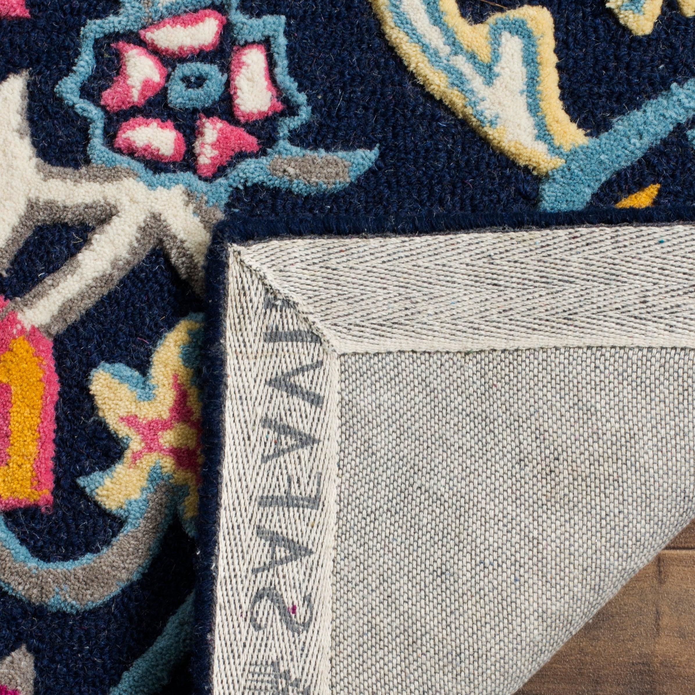 Navy Blue and Multicolor Wool Silk 8' x 10' Handmade Area Rug