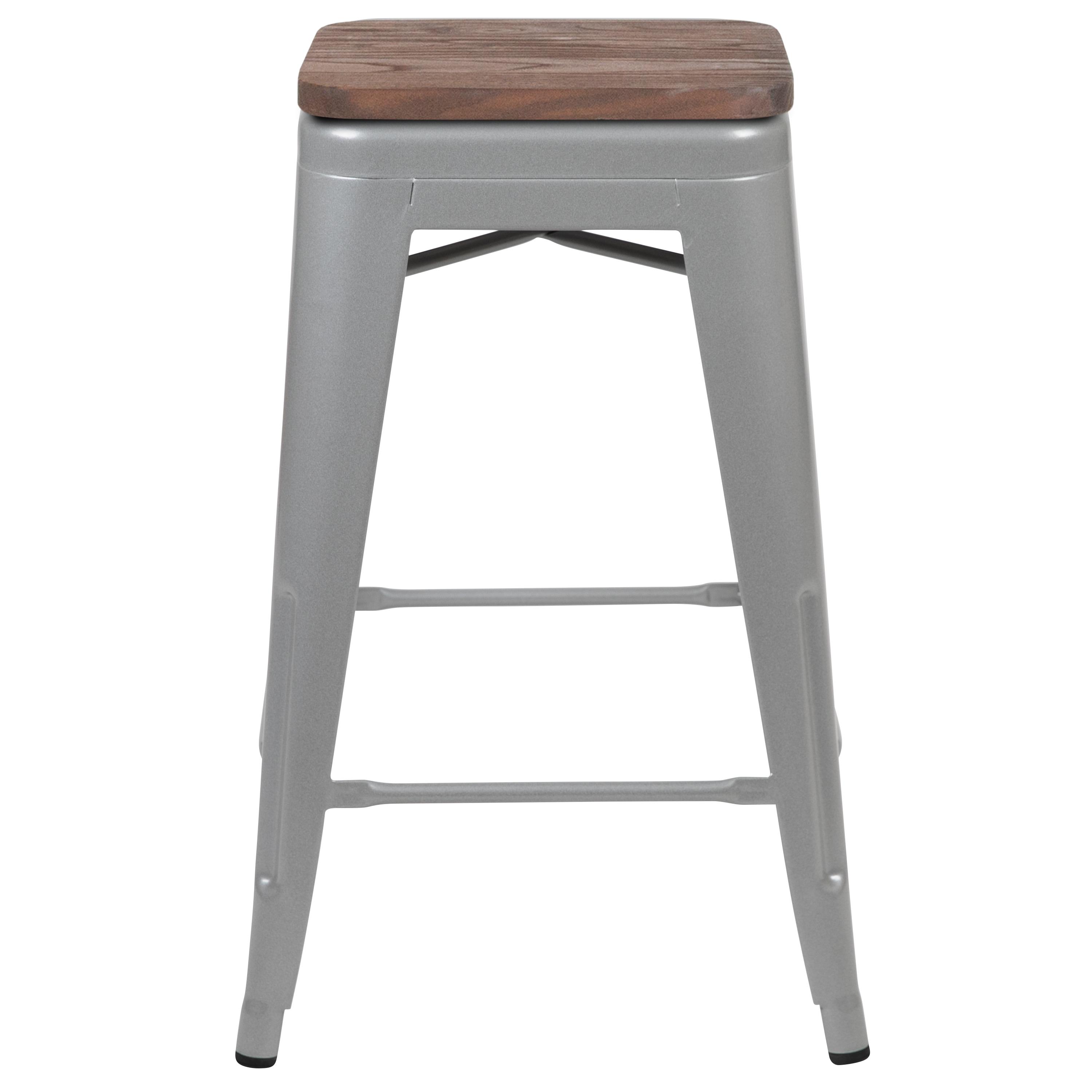 Flash Furniture 24" High Metal Counter-Height, Indoor Bar Stool with Wood Seat in Silver - Stackable Set of 4