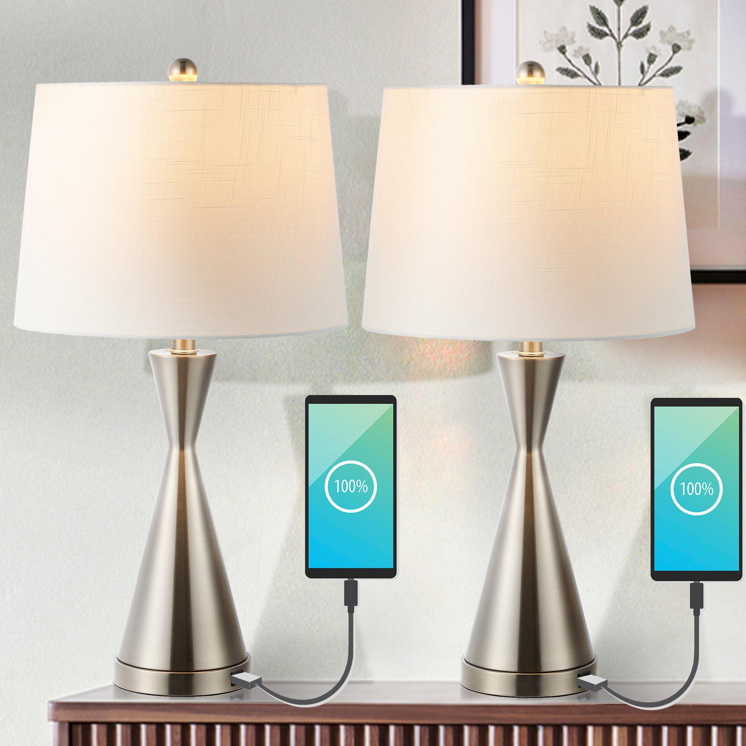 JONATHAN Y JYL4046A-SET2 Colton 26" Classic French Country Iron LED Table Lamp with USB Charging Port, for living room, dinning room, bedroom, office Bulb Included, Nickel (Set of 2)
