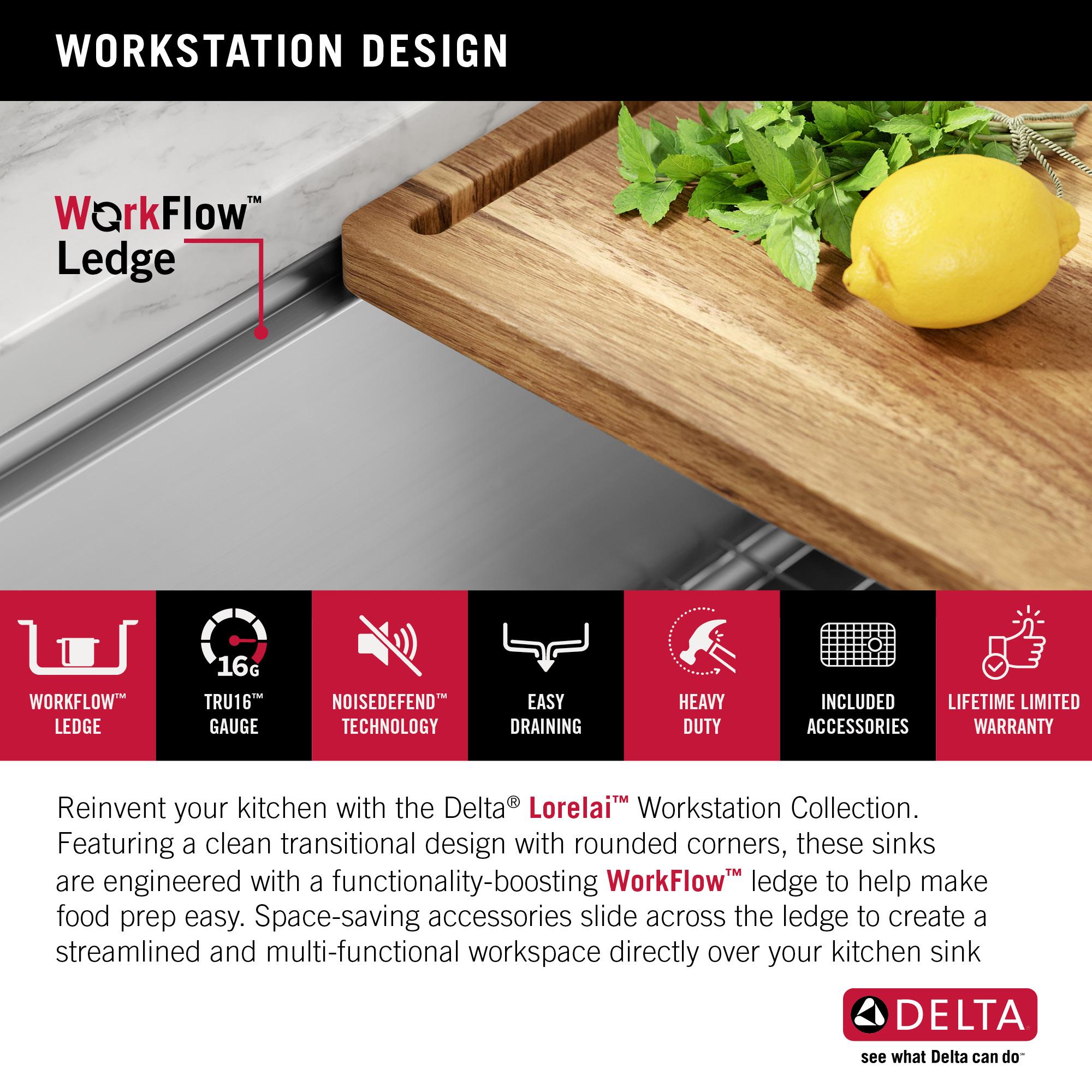 Delta Lorelai™ 23" L Workstation Kitchen Sink Undermount 16 Gauge Stainless Steel Single Bowl with WorkFlow™ Ledge