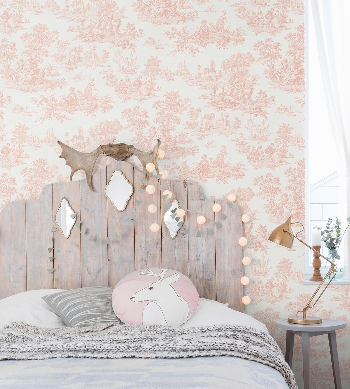 NextWall Chateau Toile Peel and Stick Wallpaper Pink: Vintage Vinyl, Self-Adhesive, Repositionable, Washable, 30.75 Sq Ft Coverage
