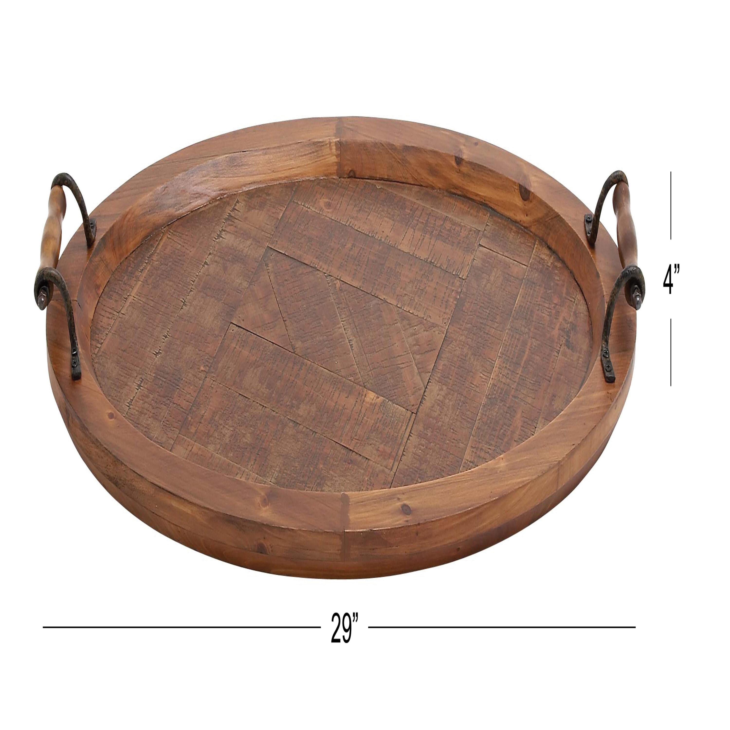 DecMode 29" x 19" Brown Wood Large Oval Tray with Scroll Metal Handles, 1-Piece