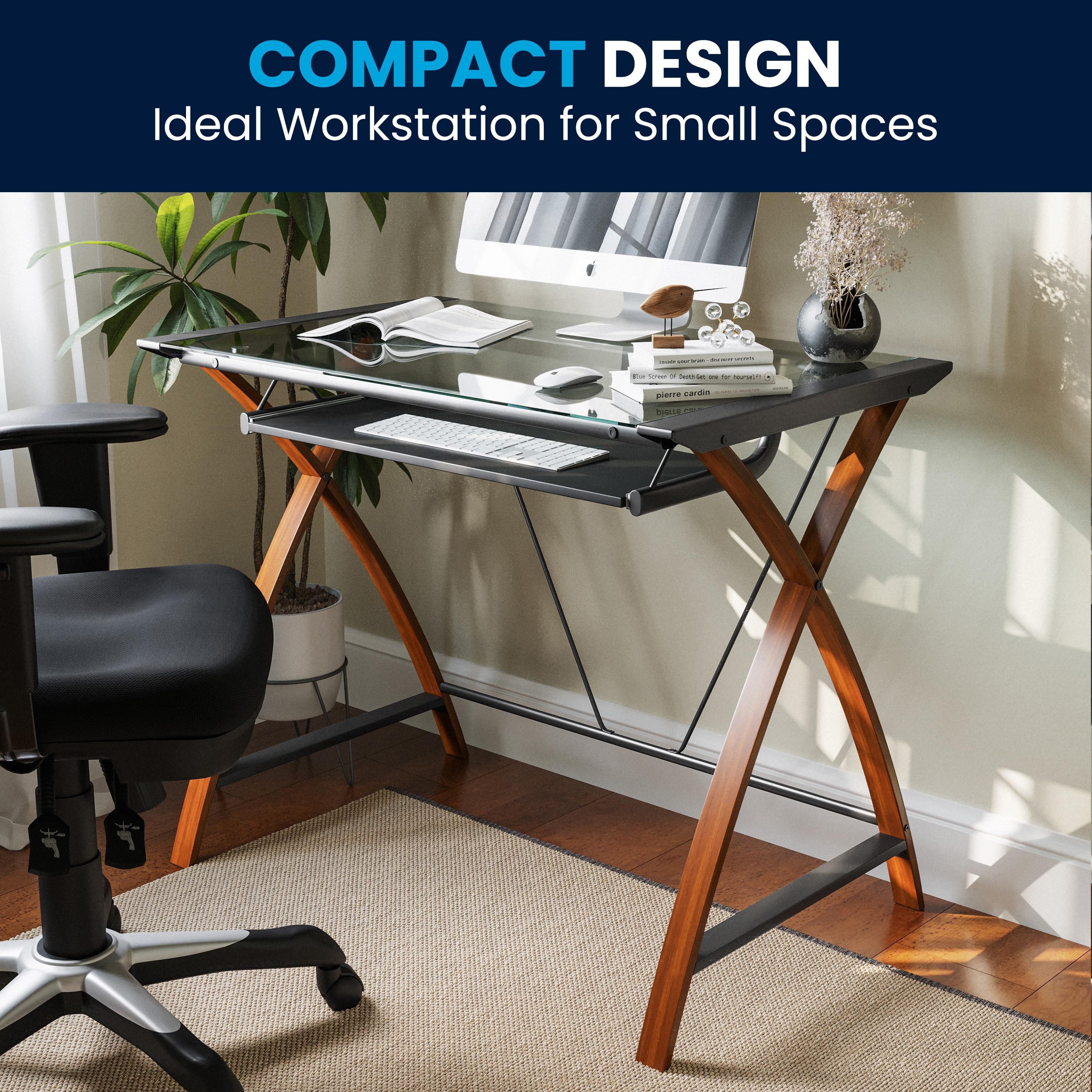 Flash Furniture Jude Tempered Glass Computer Desk with Pull-Out Keyboard Tray, Cherry/Clear