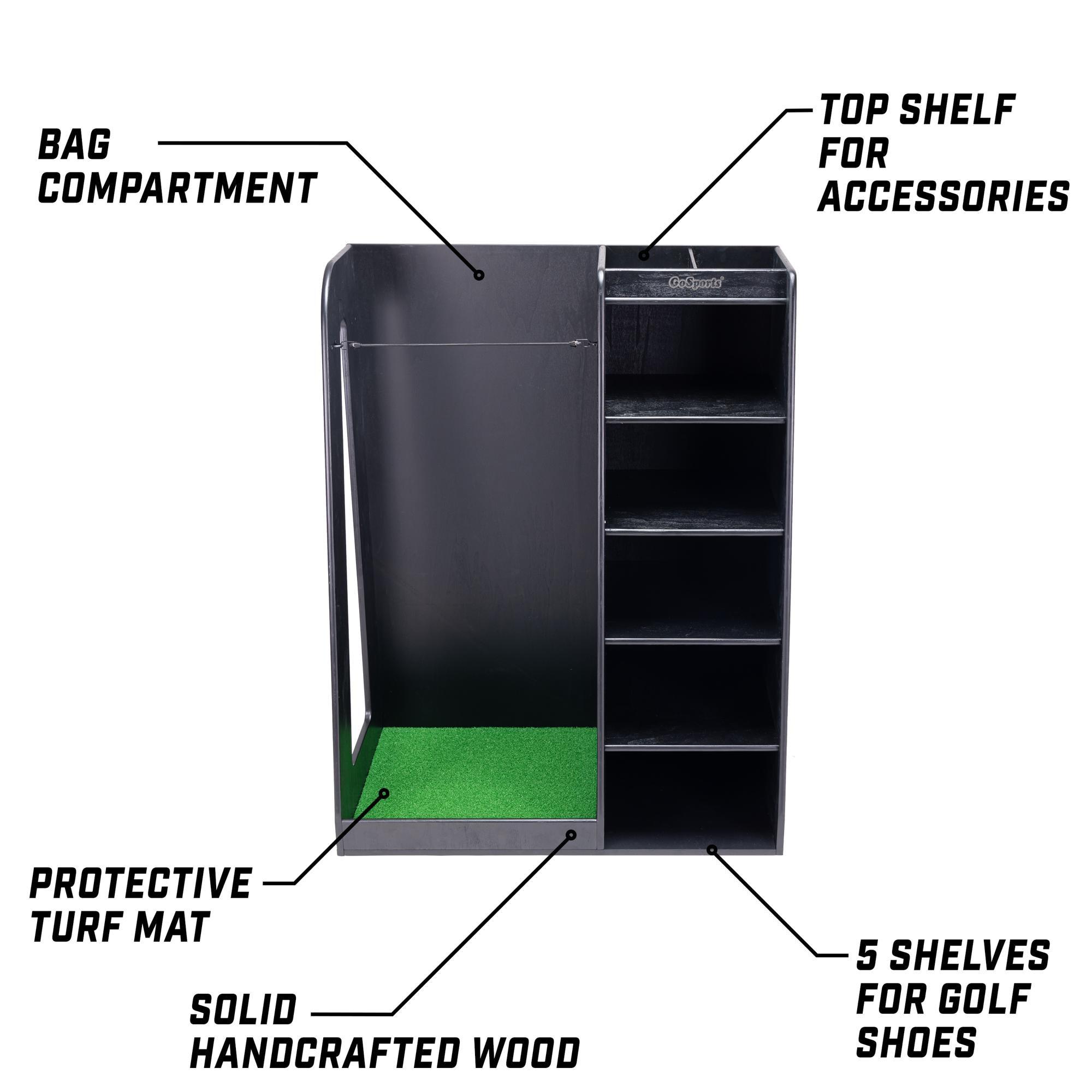 GoSports Premium Wooden Freestanding Golf Bag Organizer and Storage Rack