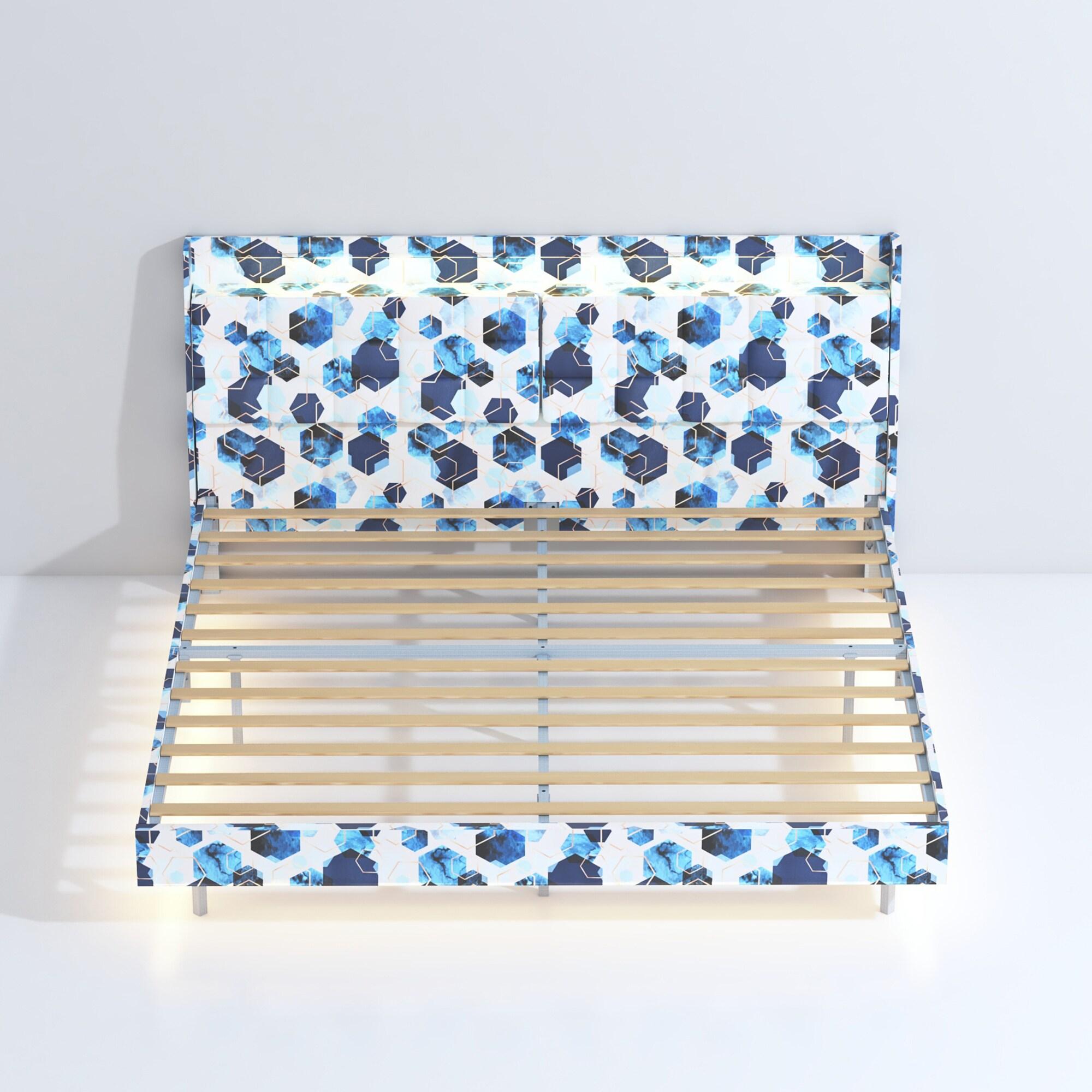 SYNGAR Floating Queen Bed Frame with Upholstered Storage Headboard, Modern Metal Bed Frame with LED Light and Charging Station, Noise Free, Wood Slat Support, No Box Spring Needed, Muticolor