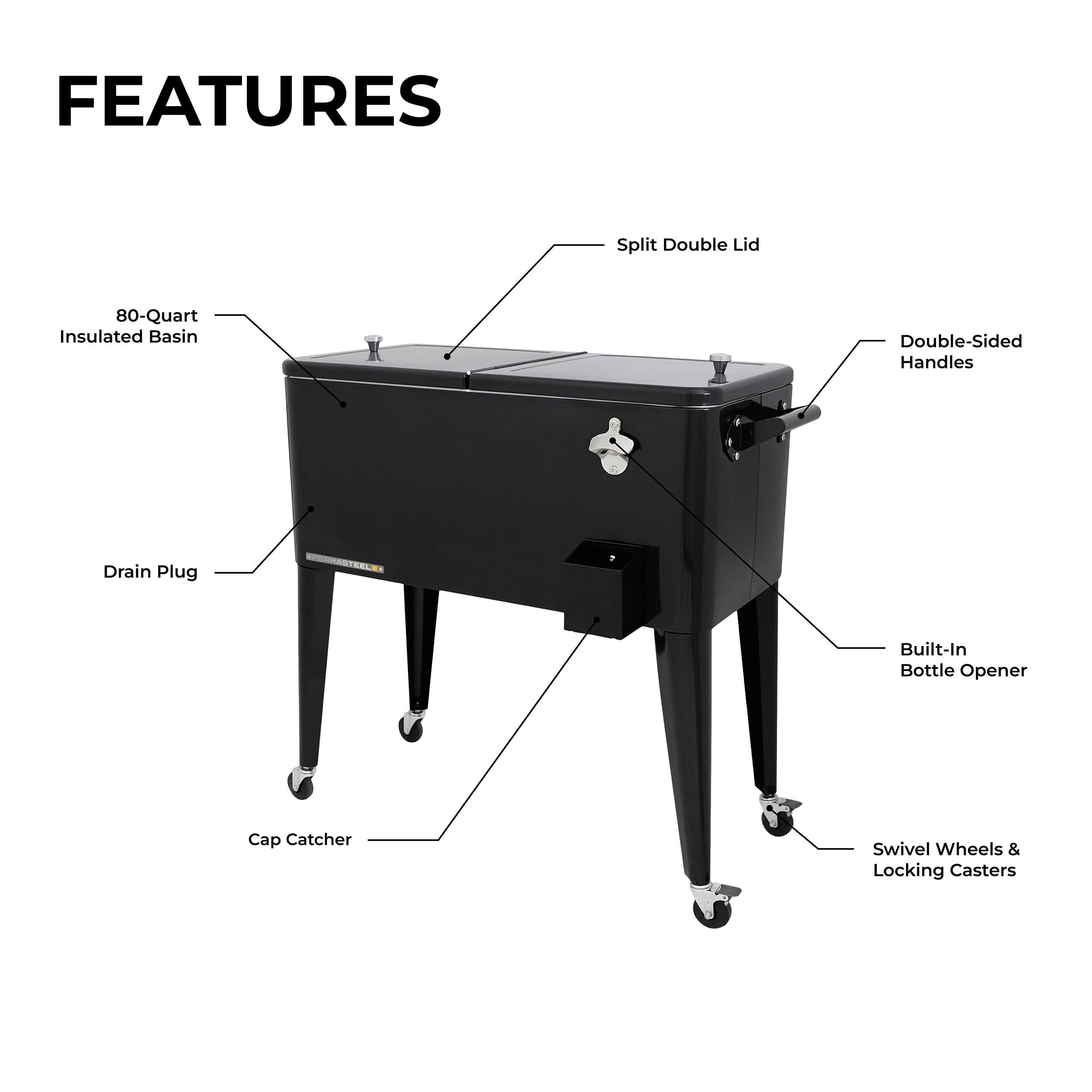 80qt Portable Rolling Patio Cooler - Black - Permasteel: Outdoor Cooler Cart with Stay Up Lid & Bottle Opener