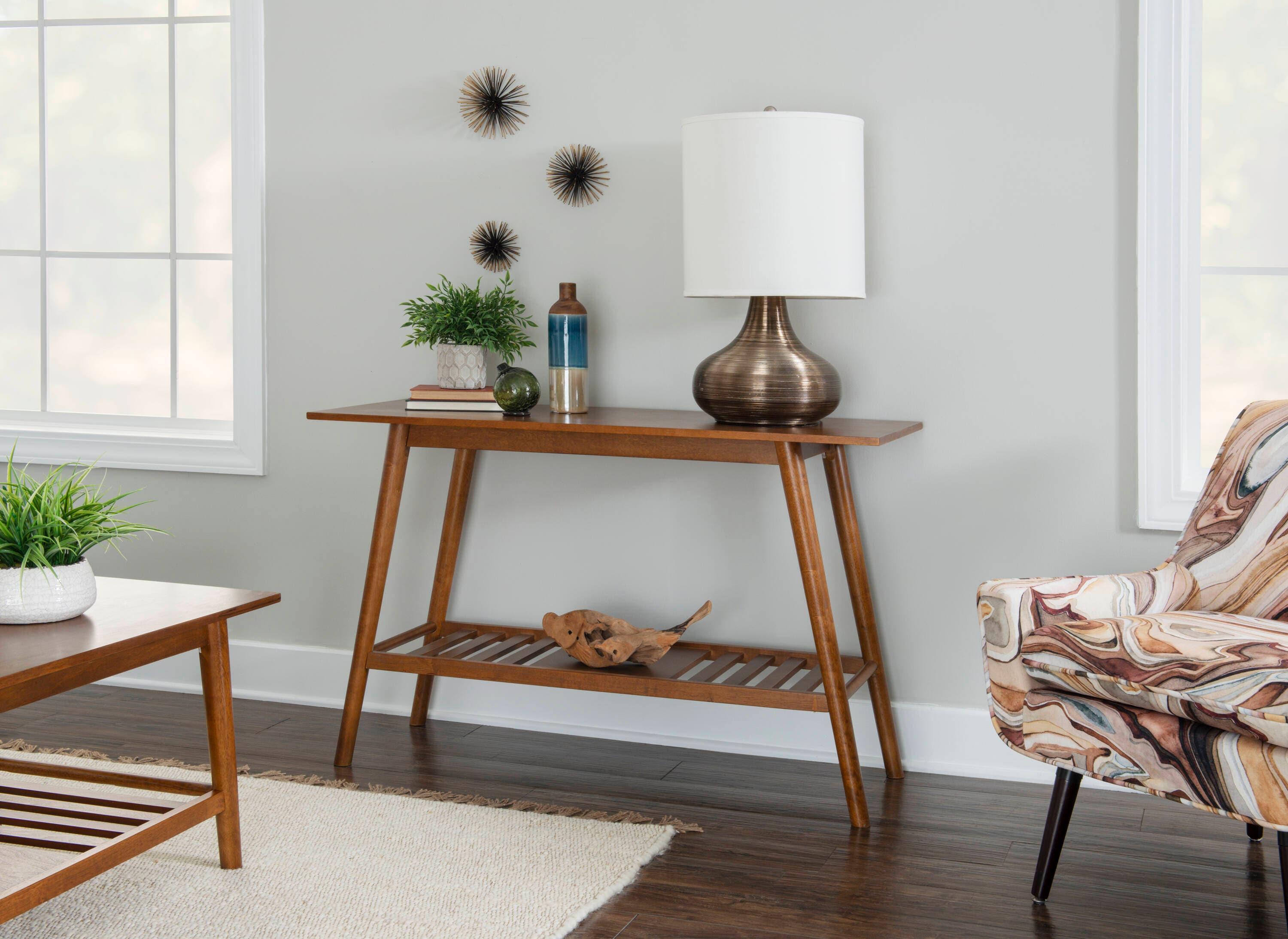 Linon 48" Charlotte Mid-Century Modern Wood Console Table With Bottom Storage Shelf Brown: Rubberwood Frame, MDF Surface