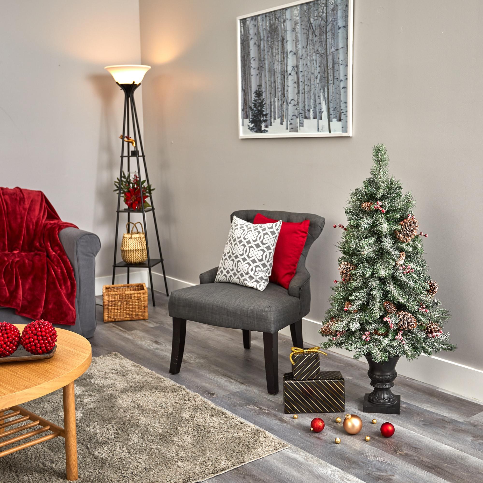 Nearly Natural 4’ Frosted Pine, Pinecone and Berries Prelit LED Artificial Christmas Tree in Decorative Urn