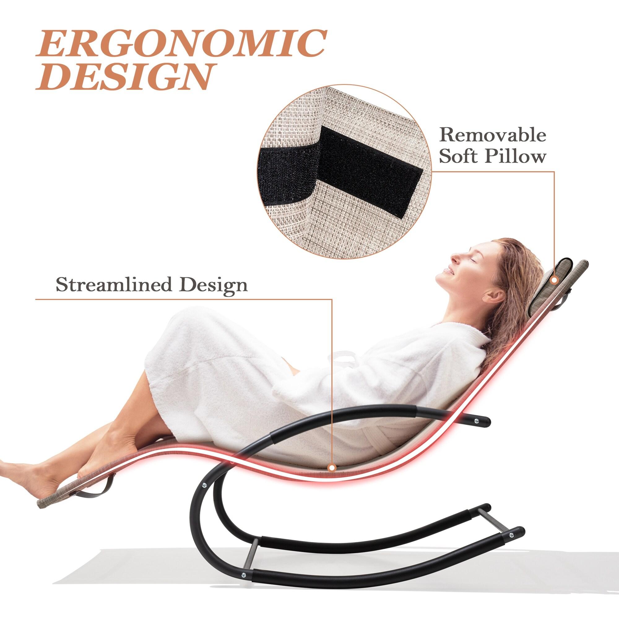 Crestlive Products Patio Outdoor Rocking Chair Curved Rocker Chaise Lounge Chair with Pillow Beige