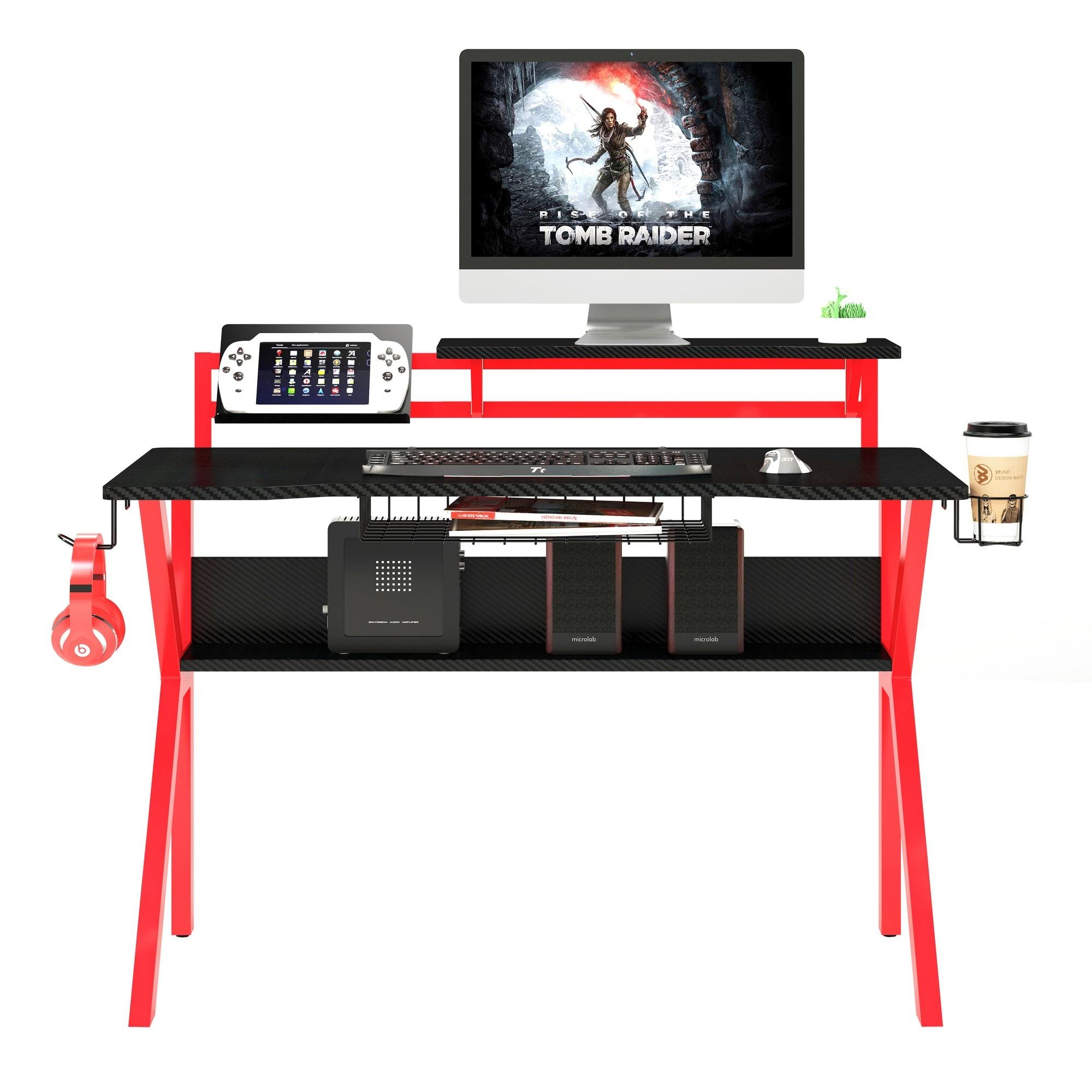 PVC Coated Ergonomic Metal Frame Gaming Desk Black/Red - The Urban Port: Elevated Monitor Shelf, K-Shaped Legs, Headphone Holder
