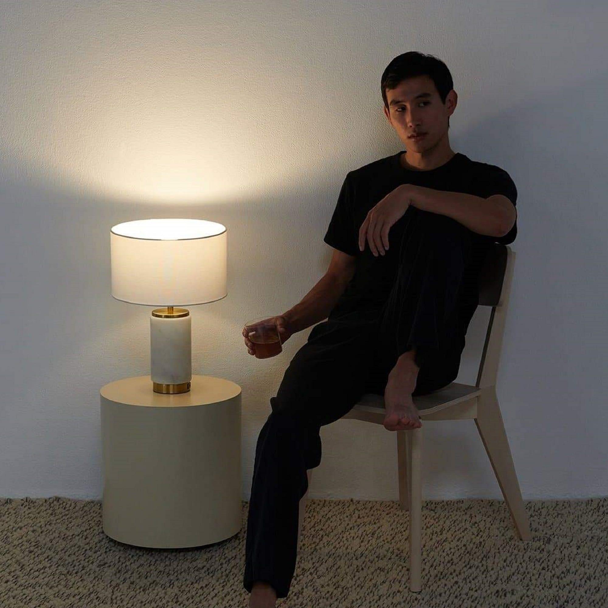 Brightech Arden 17 in. Mid-Century Modern LED Table Lamp with Fabric Drum Shade and USB Port