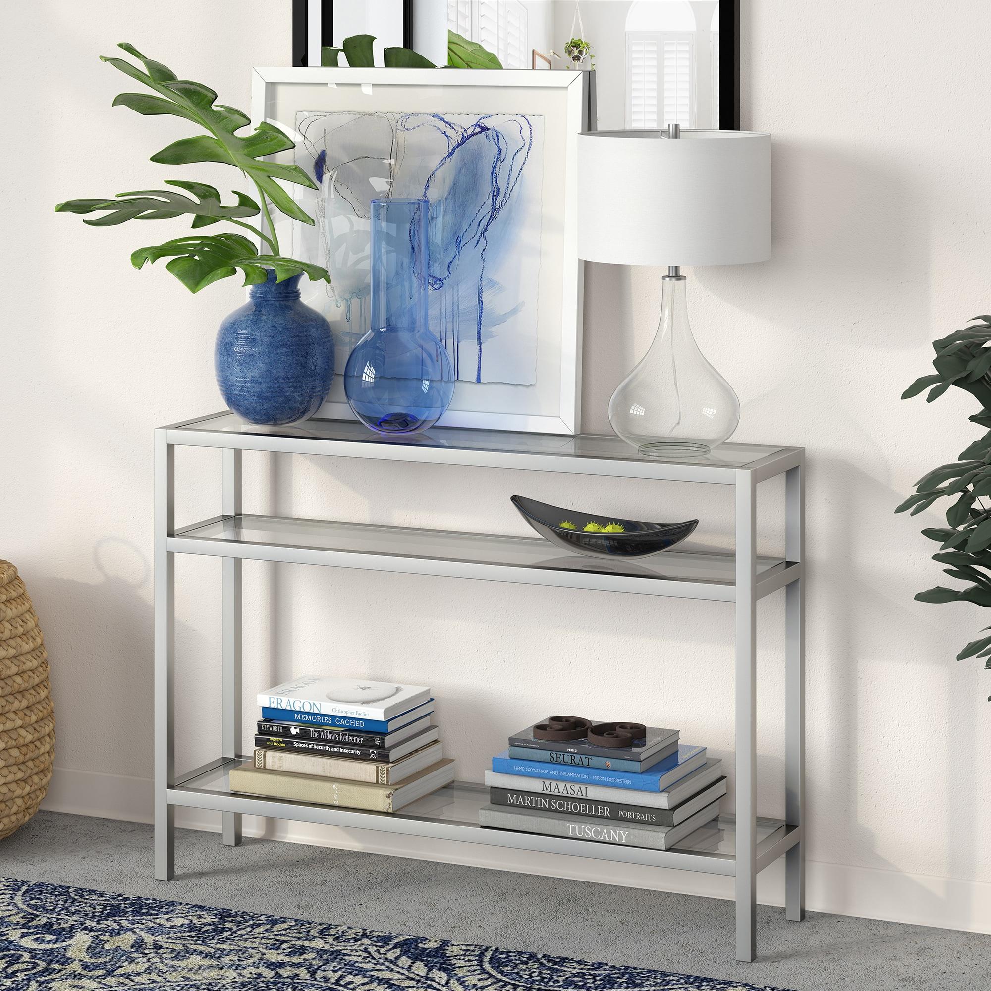 Evelyn&Zoe 42" Satin Nickel Metal/Glass Console Table