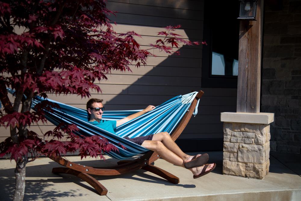 Vivere 8ft Double Cotton Hammock with Solid Pine Arc Stand - Blue Lagoon Color