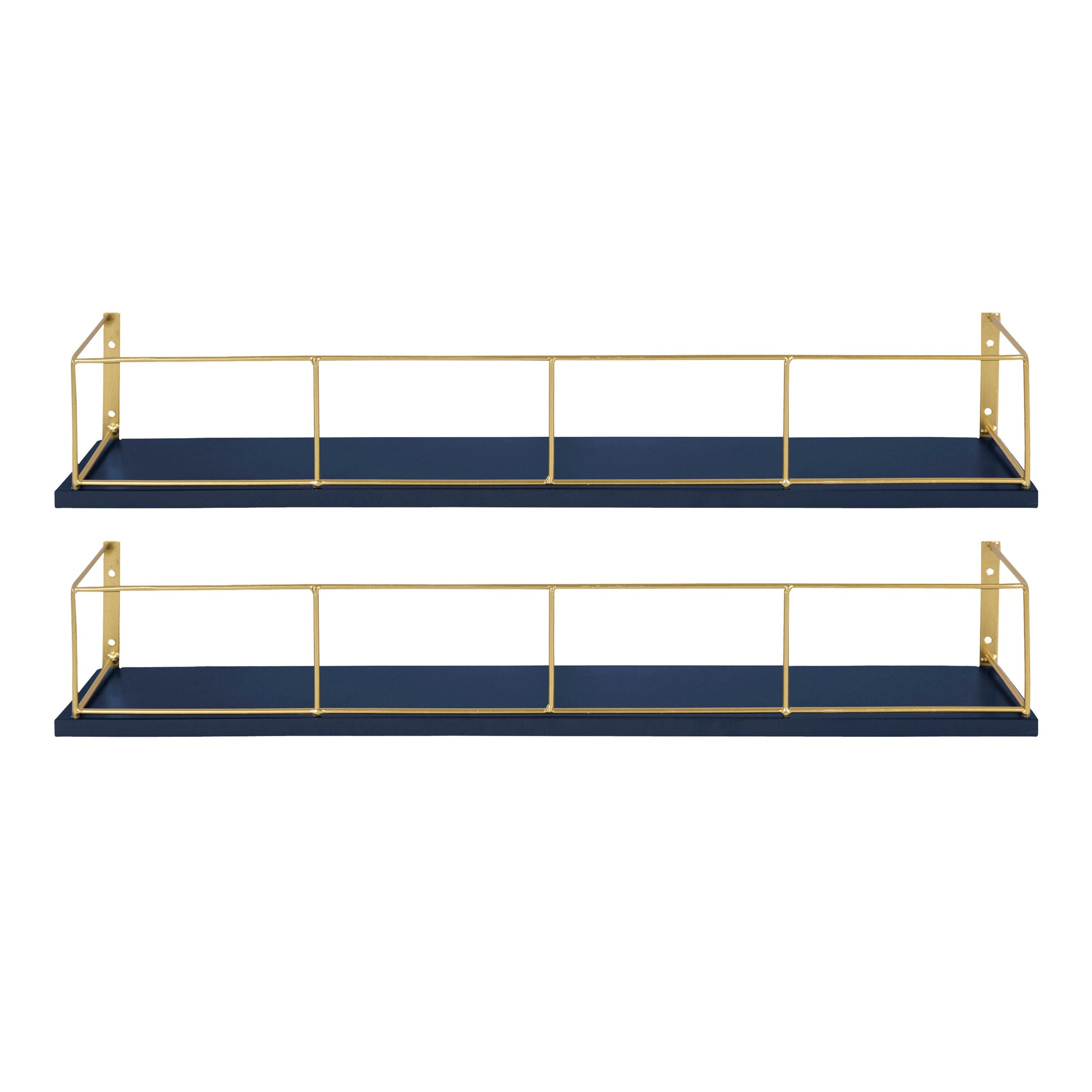 24" x 4" 2pk Benbrook Wood and Metal Floating Wall Shelf Set Blue/Gold - Kate & Laurel All Things Decor