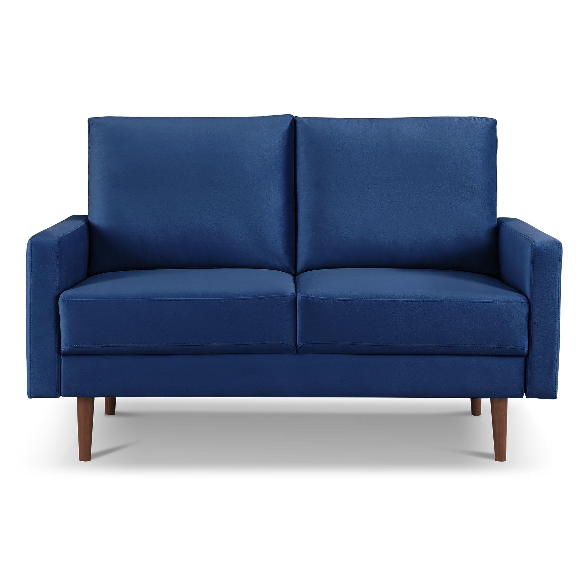 57 Inch Wide Upholstered Two Cushion Loveseat with Square Arms in Blue Velvet