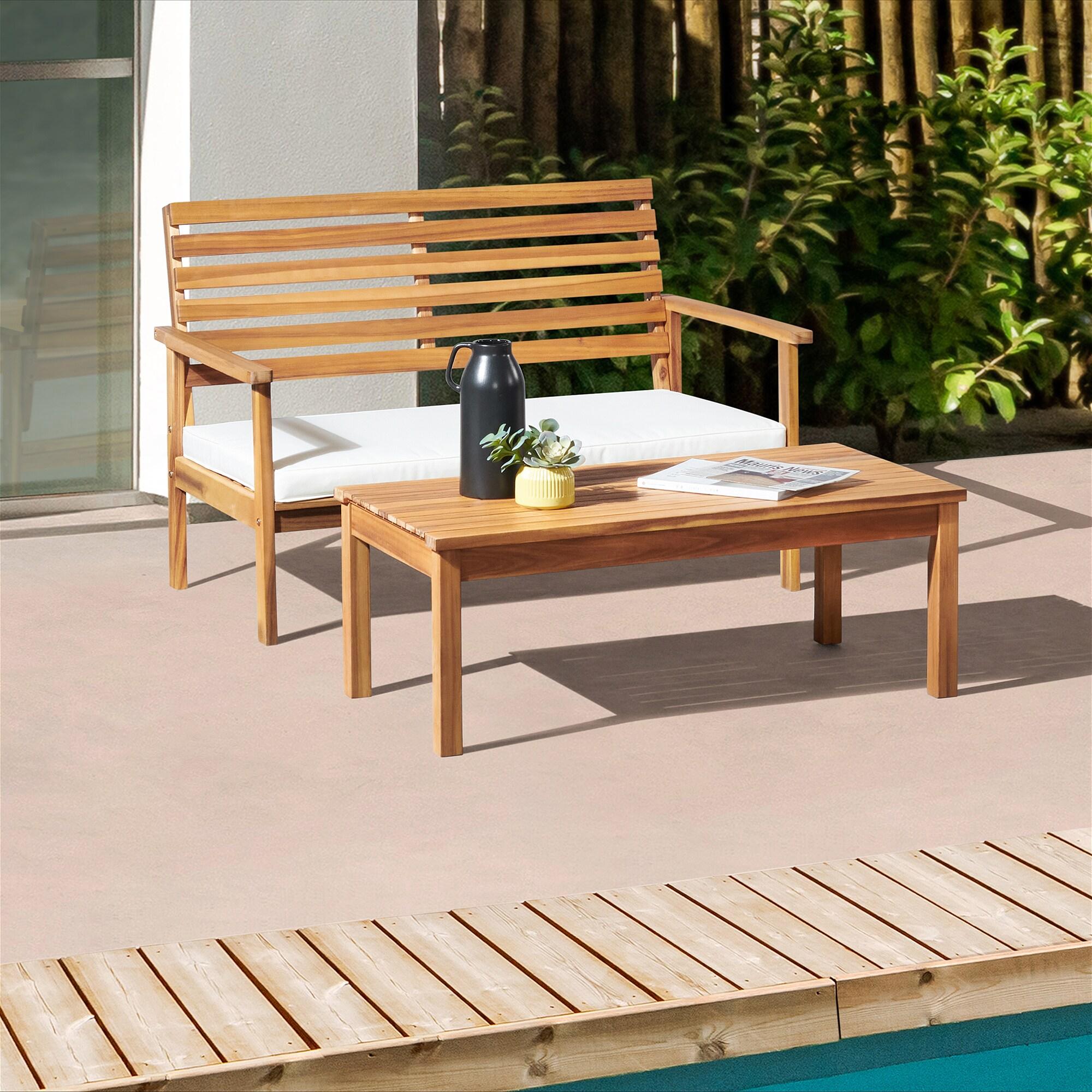 Outdoor Acacia Wood Bench With Cushion And 15" H Cocktail Table, Set Of 2