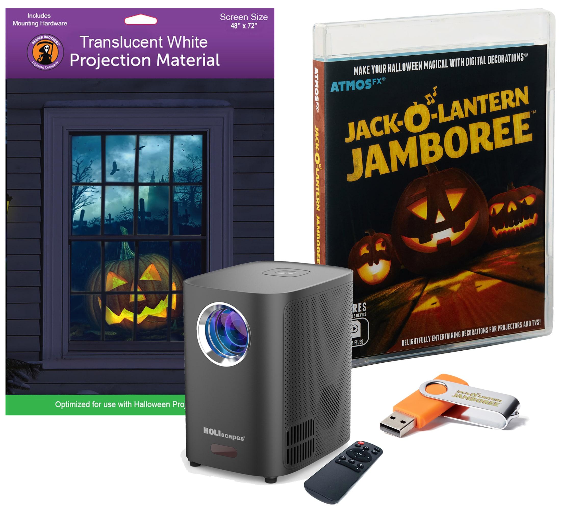 HoliScapes® USB Projector Kit - AtmosFX Jack-O-Lantern Jamboree USB + Projector + 48" x 72" Large White Holographic Screen
