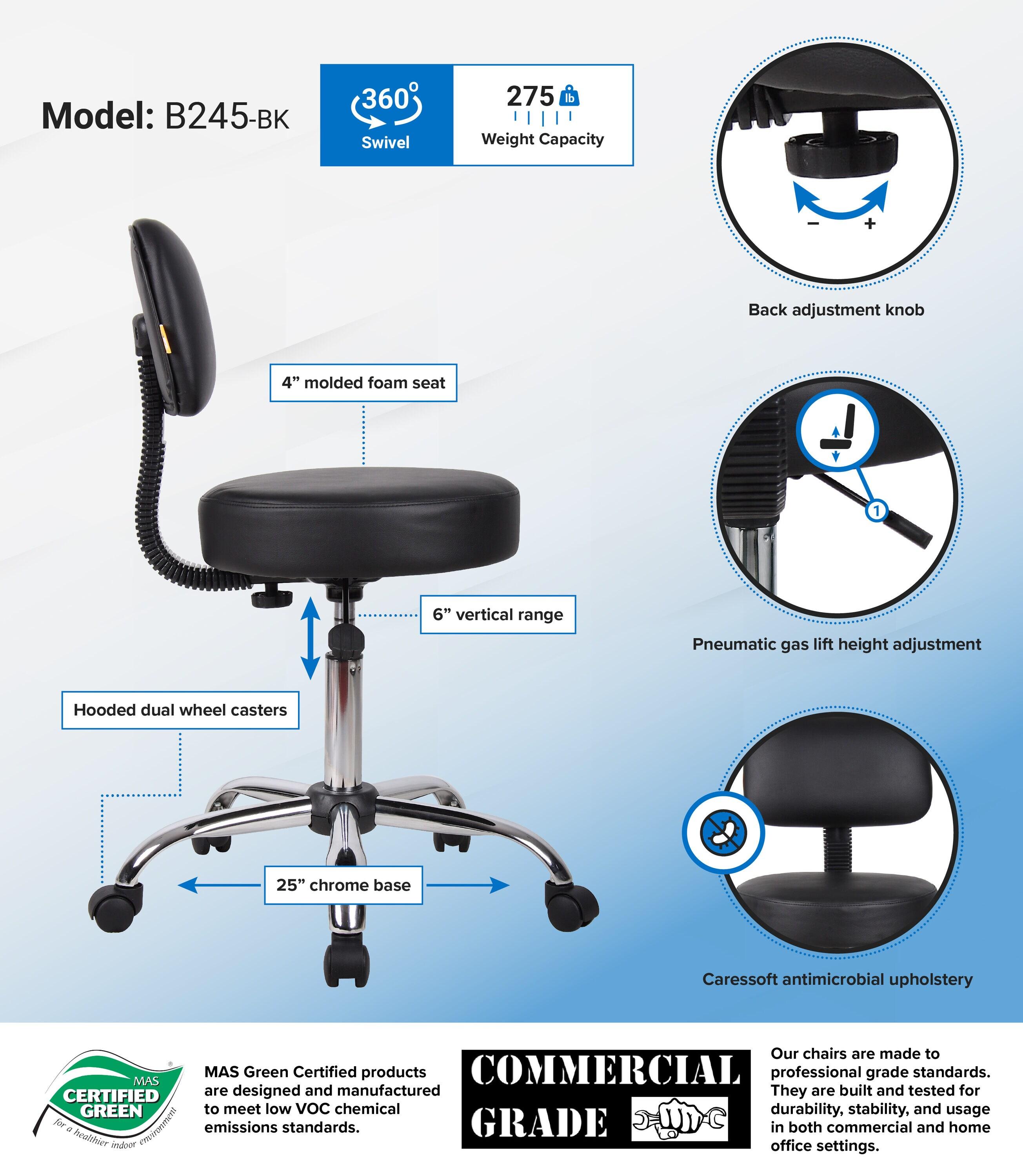 Medical Stool with Back Cushion Black - Boss Office Products: Chrome Base, Adjustable Height & Depth