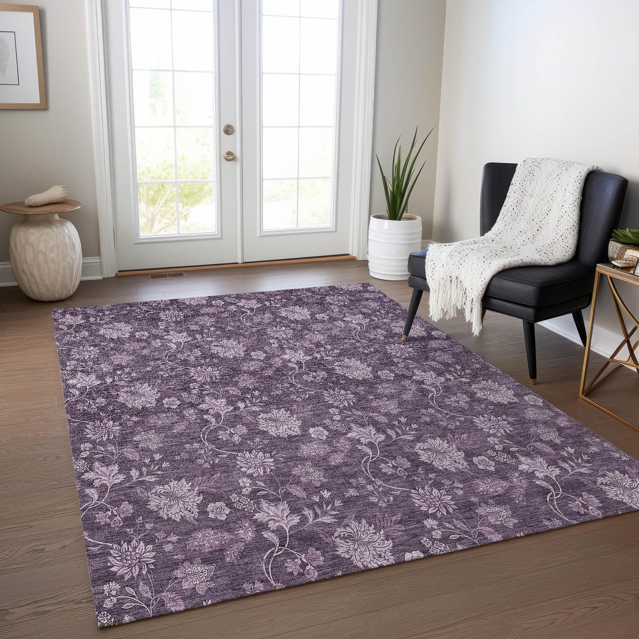 Plum Floral Rectangular Synthetic Indoor/Outdoor Area Rug