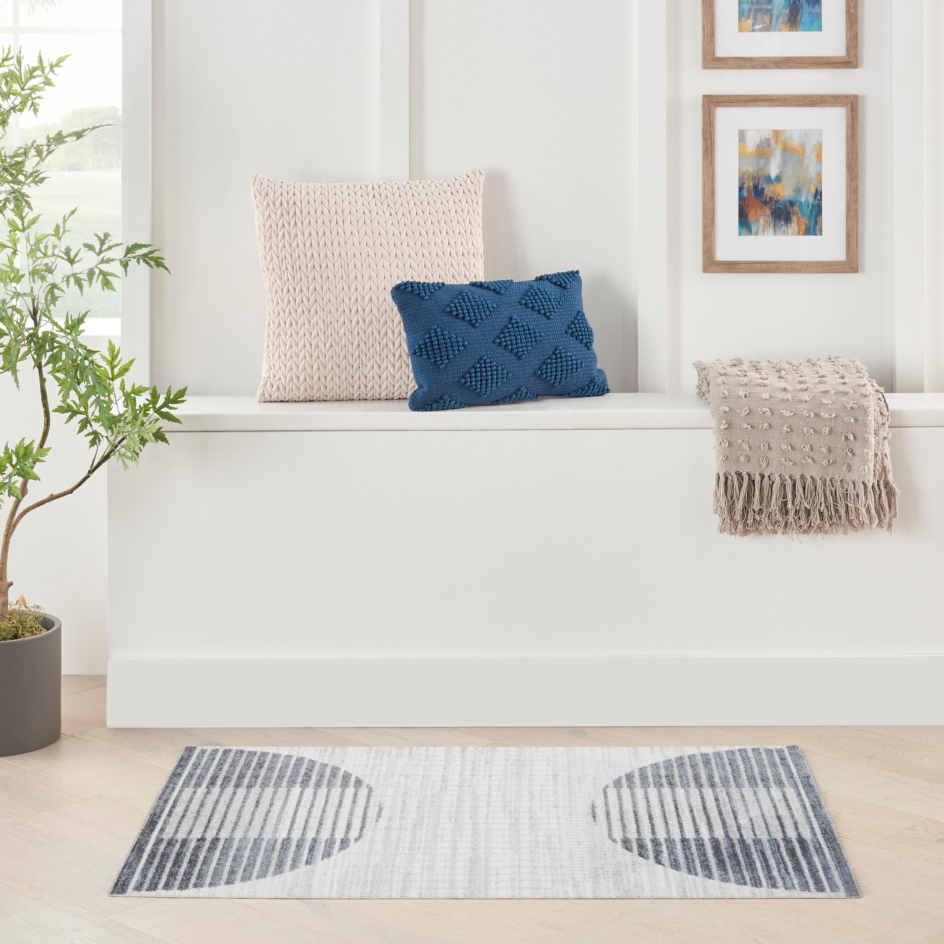 Nourison Astra Machine Washable Semi Circles Mid-Century Modern Indoor Rug Ivory Blue 2'2" x 4'