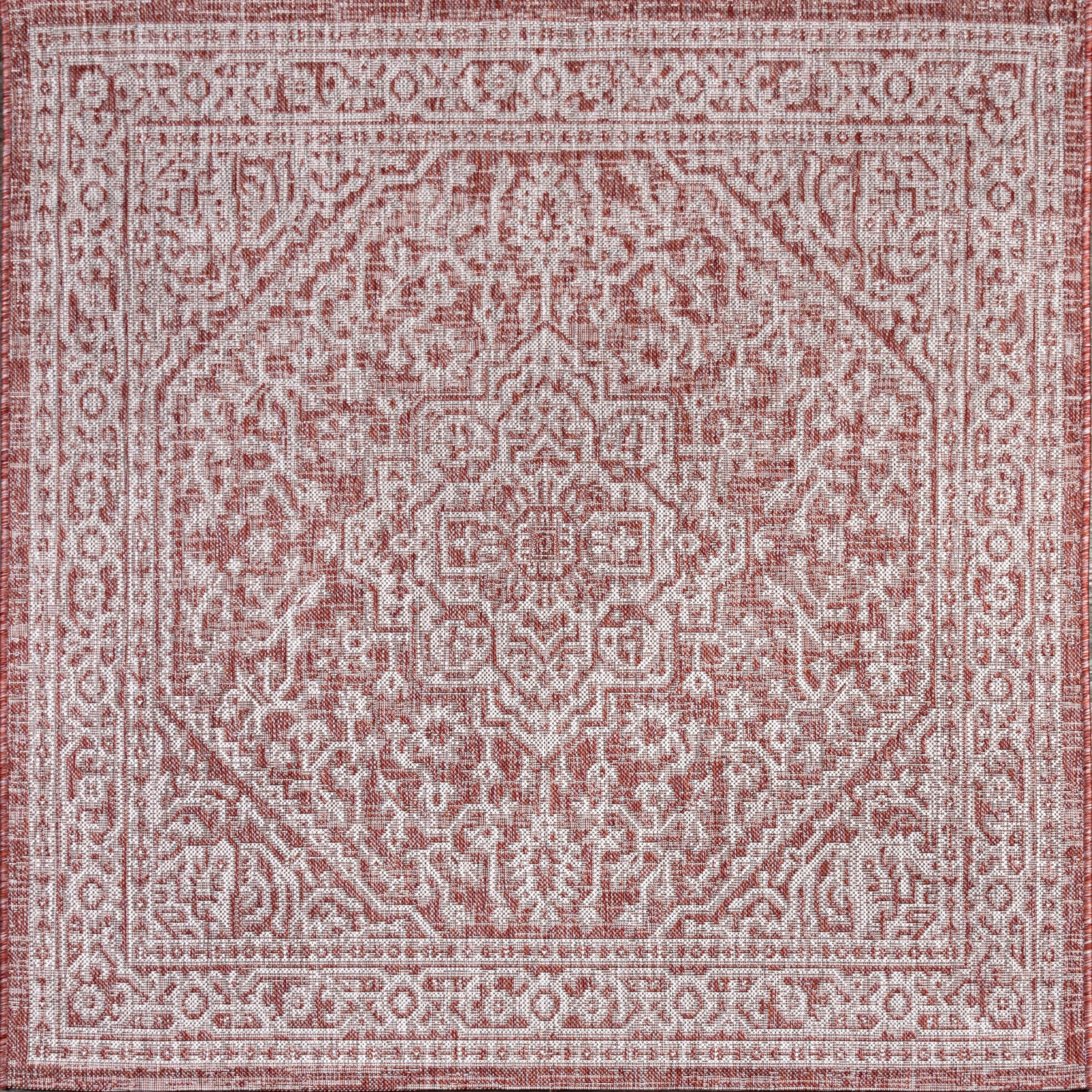 5' Square Sinjuri Medallion Textured Weave Indoor/Outdoor Area Rug, Red/Taupe - JONATHAN Y