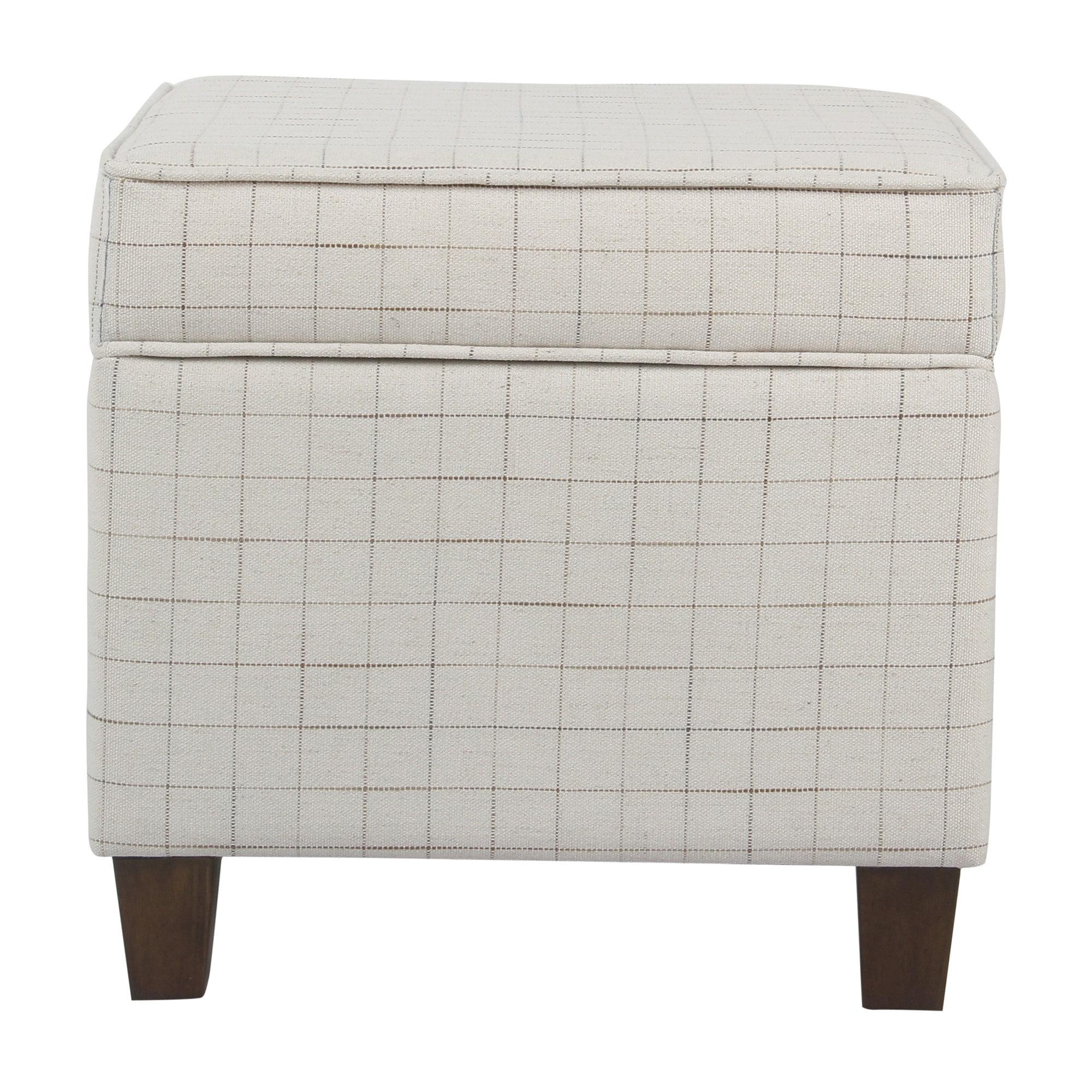 Benzara Wooden Square Ottoman with Grid Patterned Fabric Upholstery and Hidden Storage, Beige and Brown