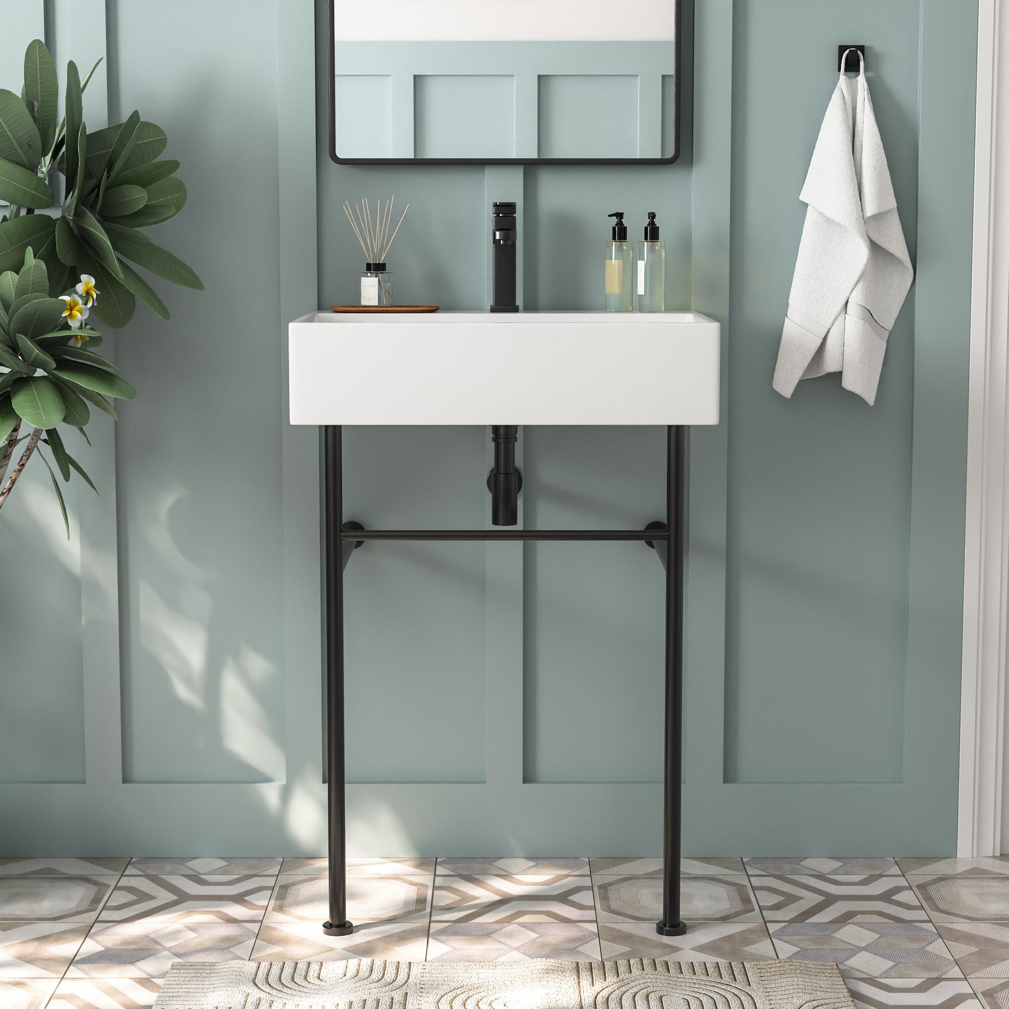Ceramic White Rectangular Single Faucet Hole 24 in Console Bathroom Sink with Overflow