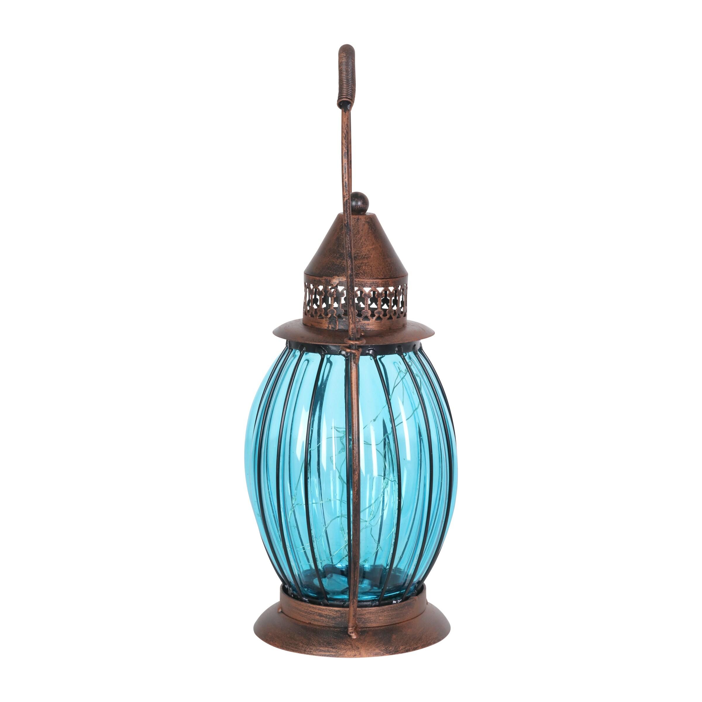 Exhart Exhart Solar Antique Metal and Glass Accent Lantern with Fifteen LED Fairy Firefly String Lights, 7 by 14"